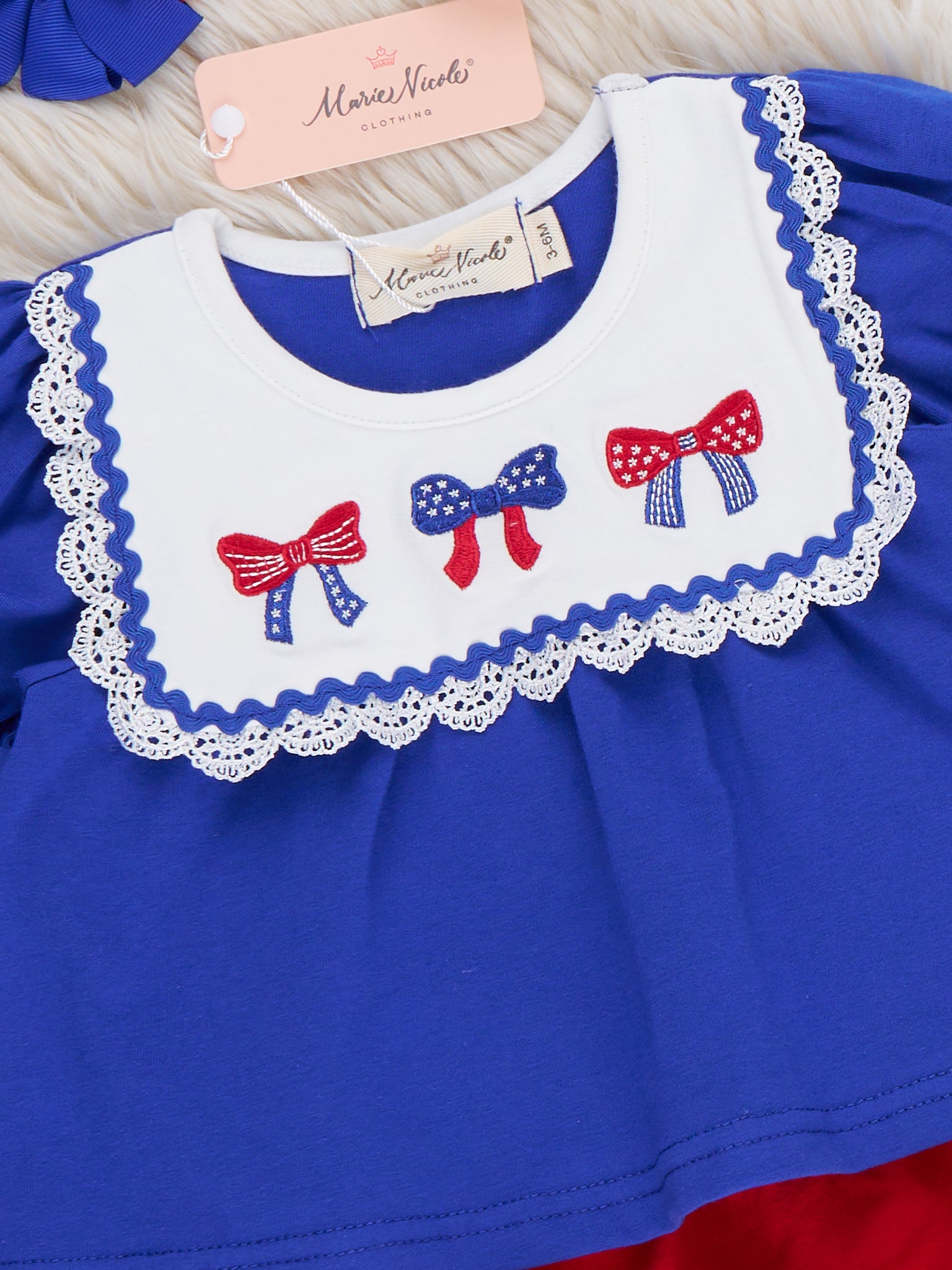 Patriotic Bow Bliss Embroidered Cotton Ruffle Bloomers Outfit - Marie Nicole Clothing