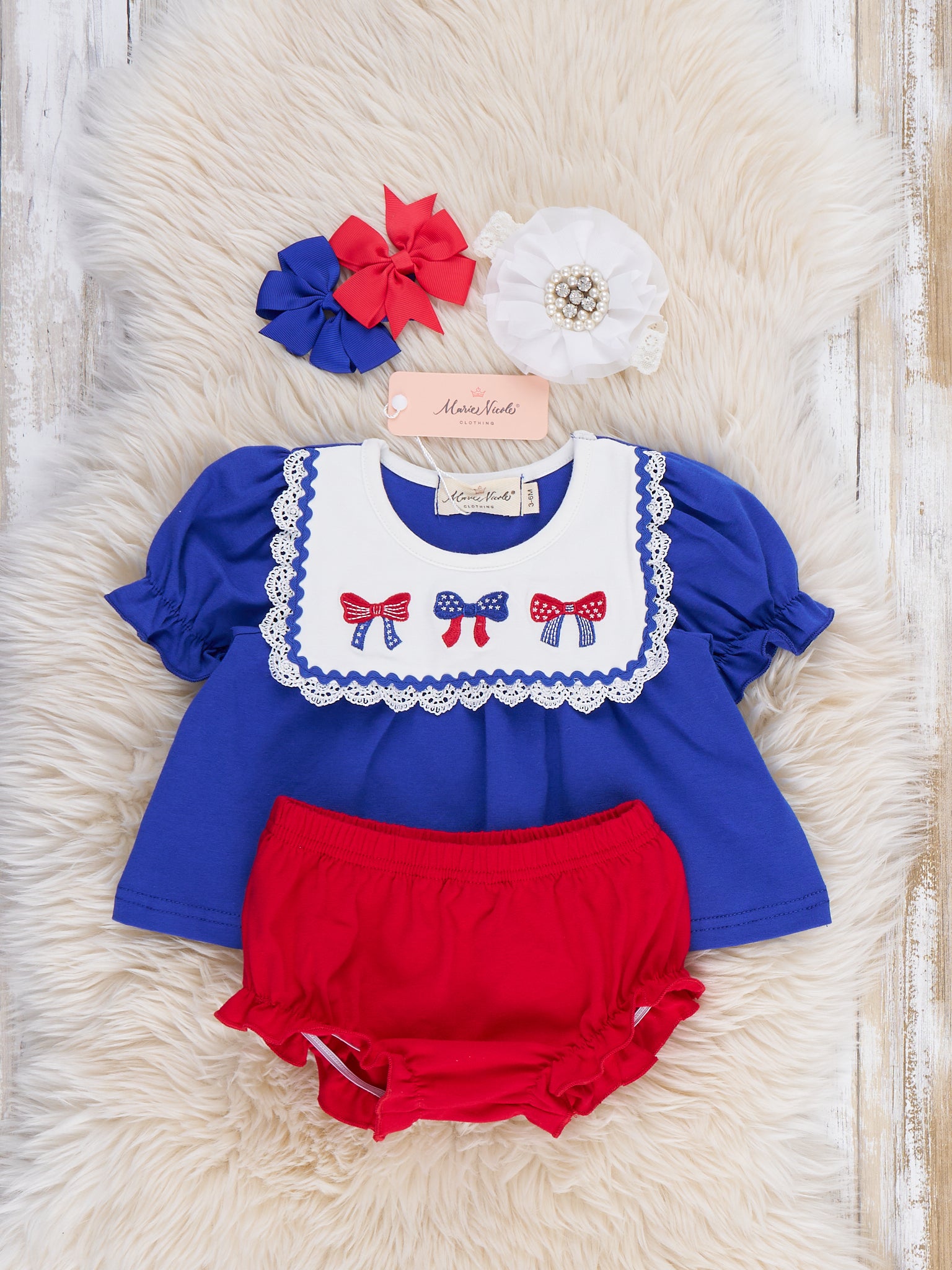 Patriotic Bow Bliss Embroidered Cotton Ruffle Bloomers Outfit - Marie Nicole Clothing
