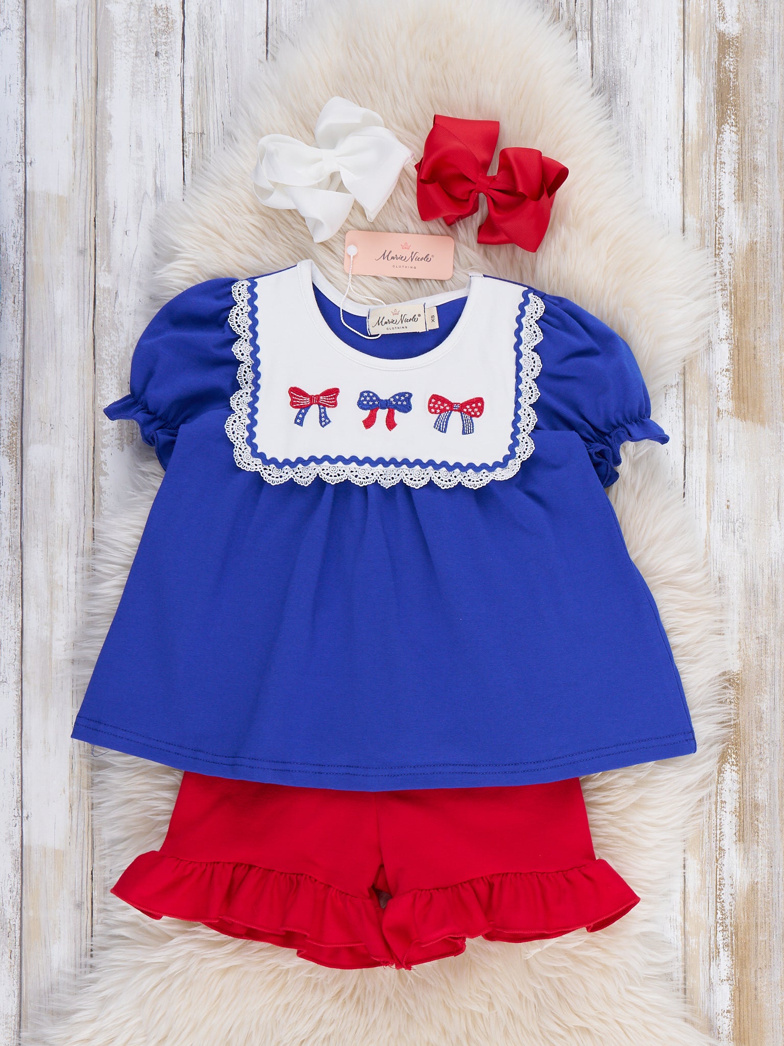 Patriotic Bow Bliss Embroidered Cotton Ruffle Outfit - Marie Nicole Clothing