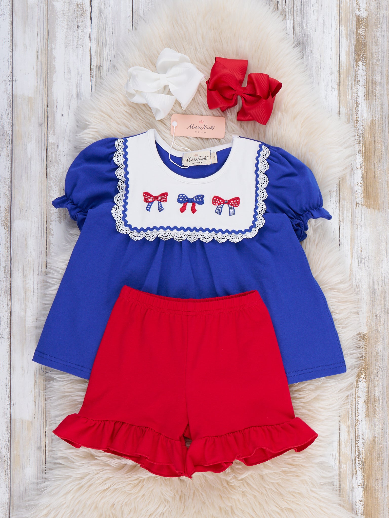 Patriotic Bow Bliss Embroidered Cotton Ruffle Outfit - Marie Nicole Clothing