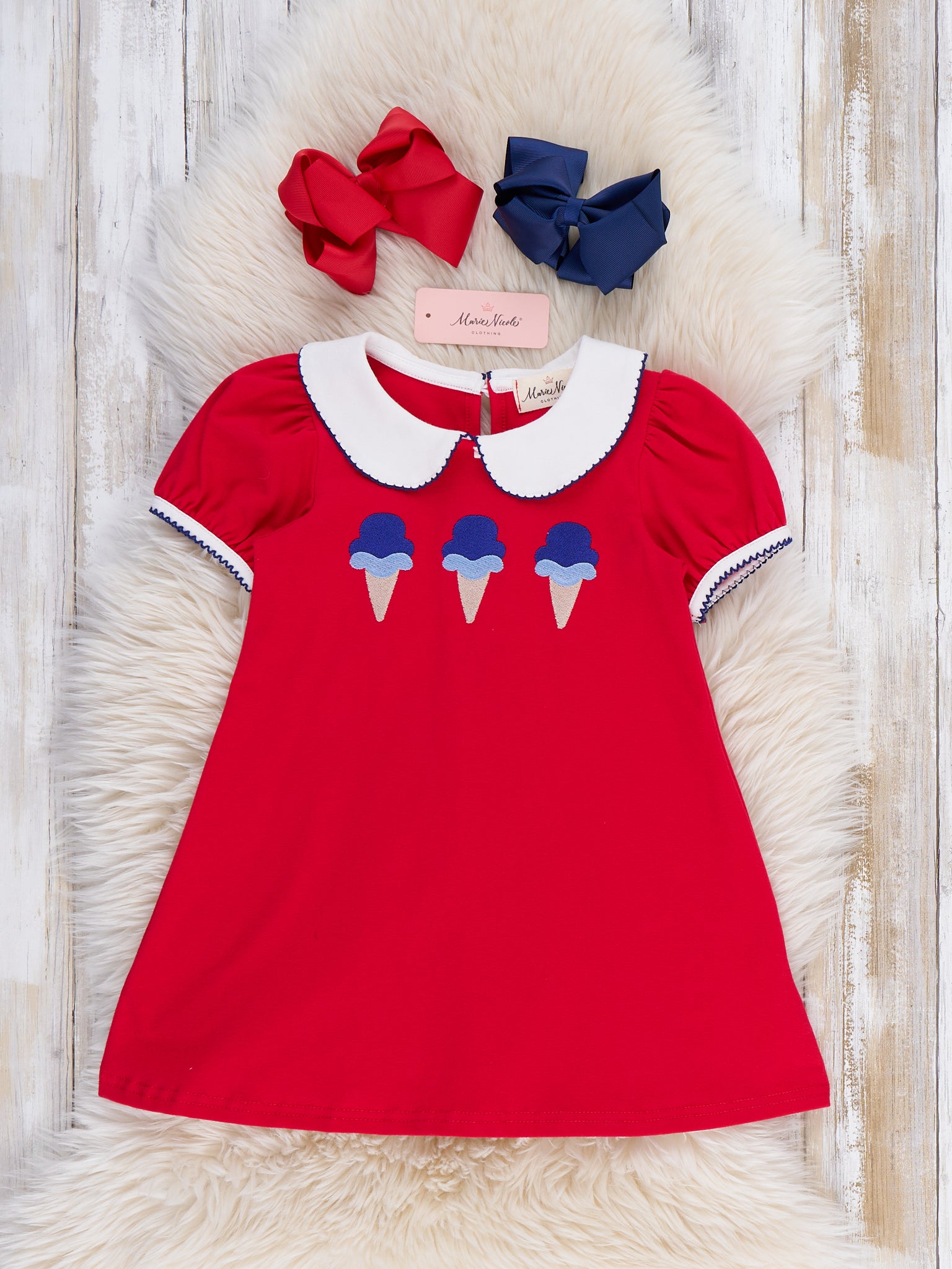 Ice Cream & Independence Embroidered Ruffle Dress - Marie Nicole Clothing