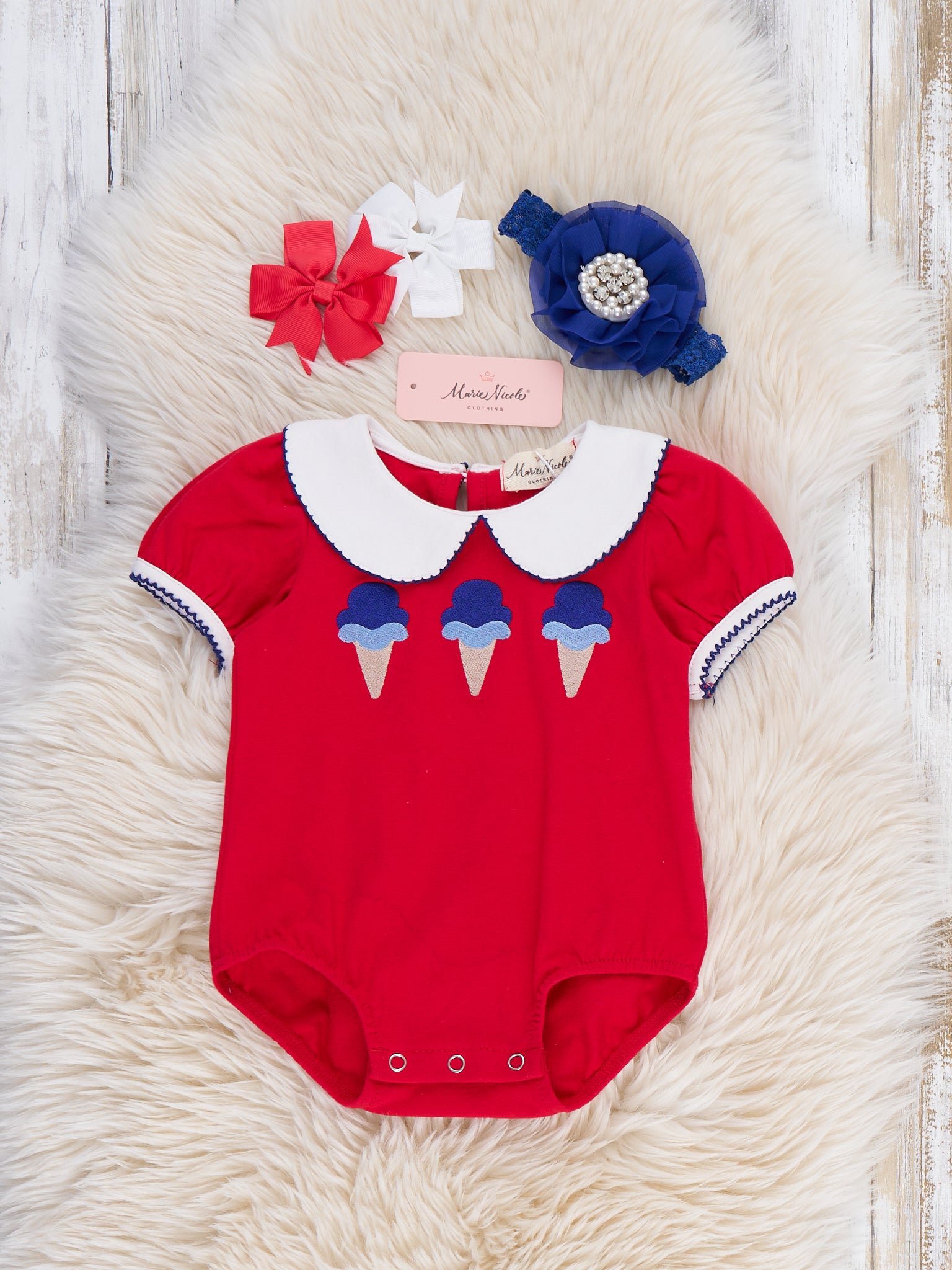 Ice Cream & Independence Embroidered Ruffle Bubble Romper - Marie Nicole Clothing