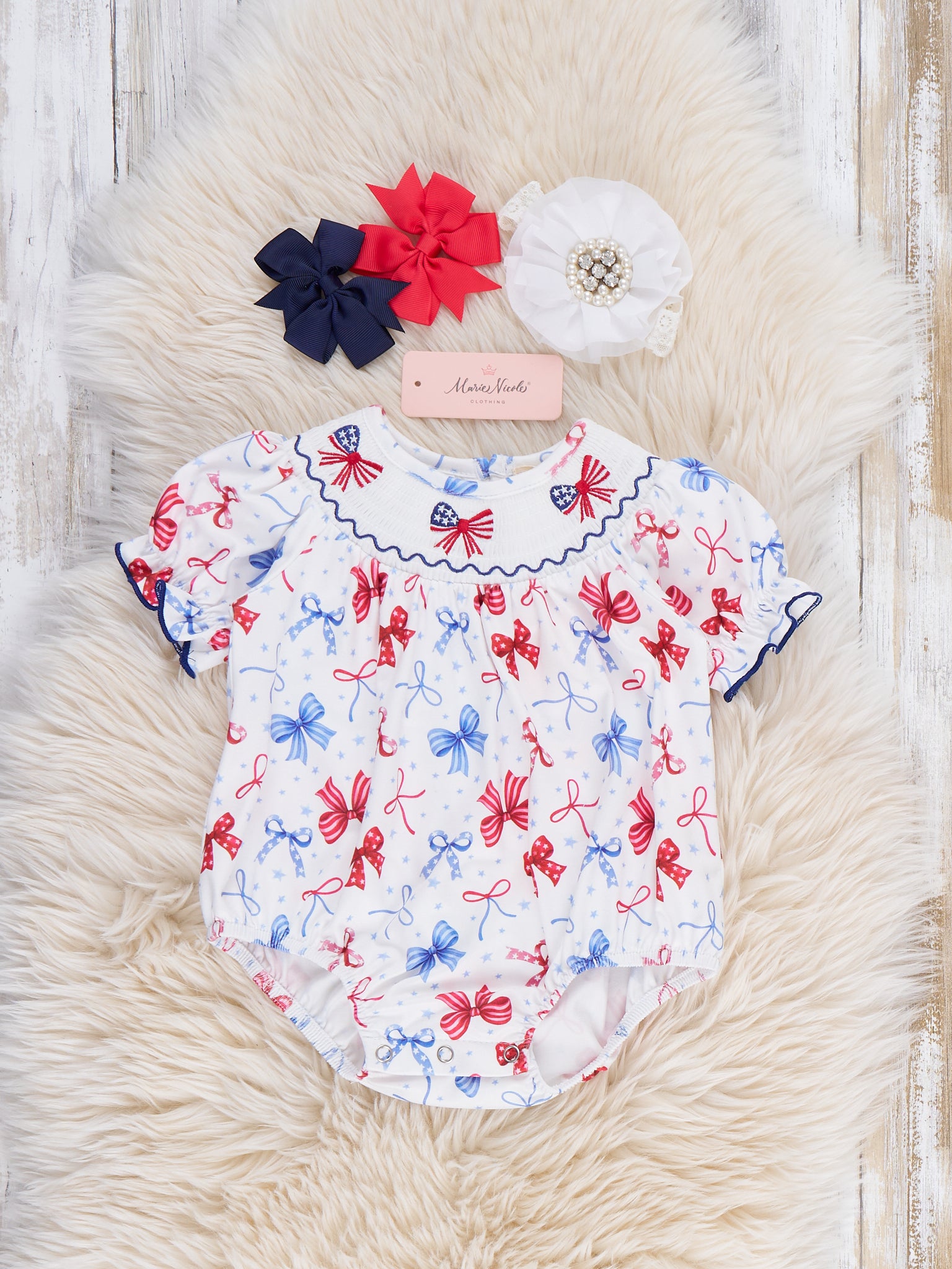 Patriotic Bow Delight Smocked Bubble Romper - Marie Nicole Clothing