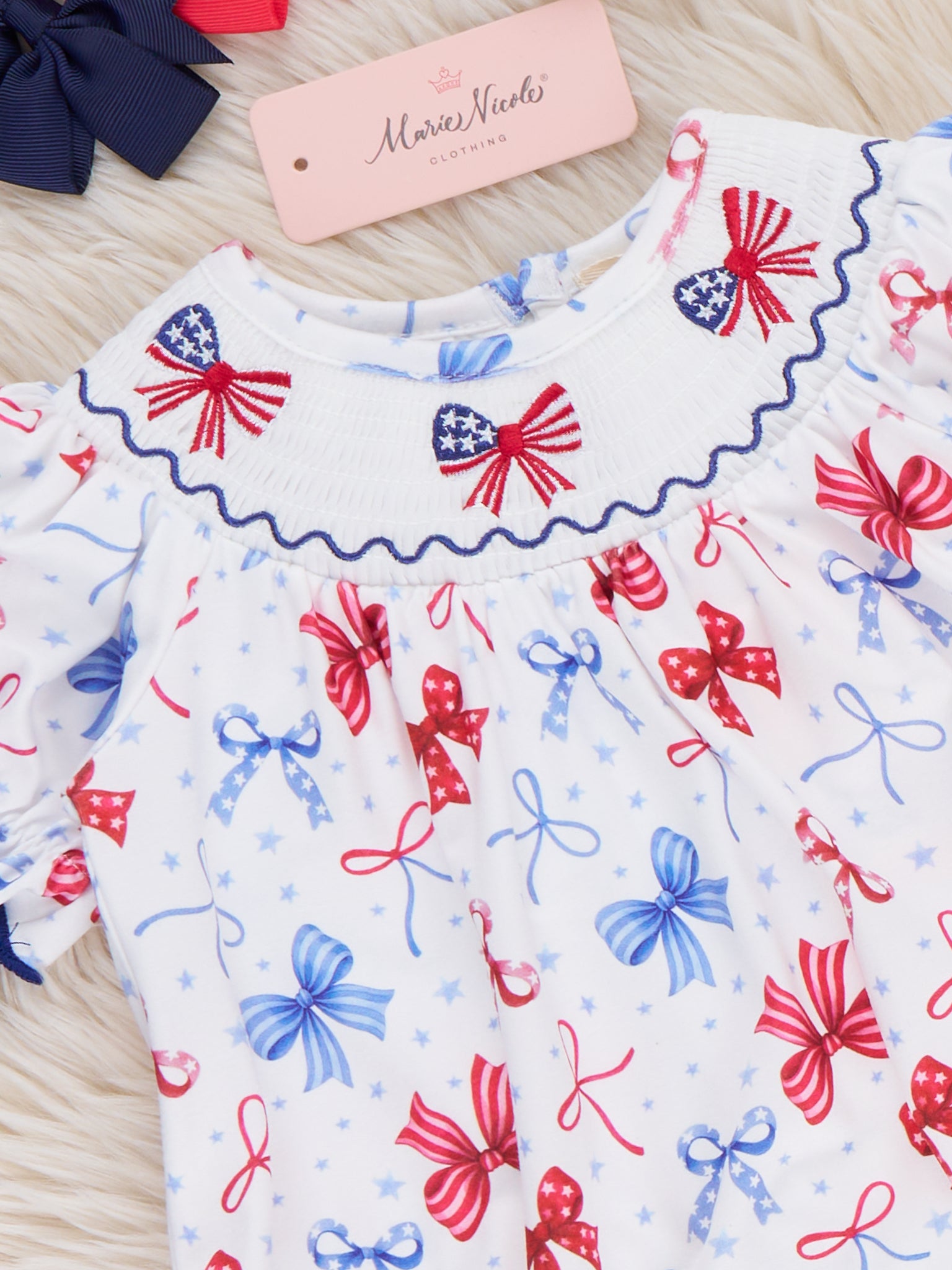 Patriotic Bow Delight Smocked Bubble Romper - Marie Nicole Clothing