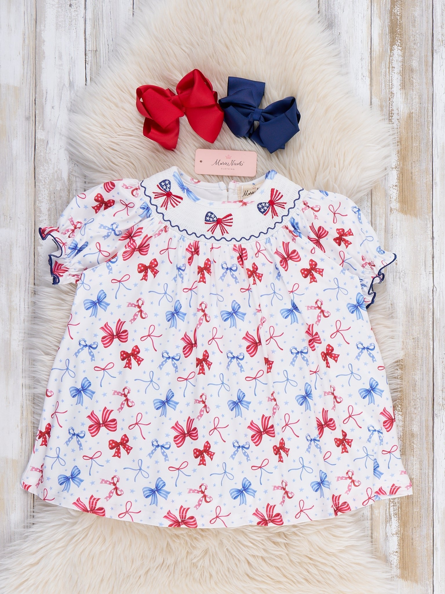 Patriotic Bow Delight Smocked Dress - Marie Nicole Clothing