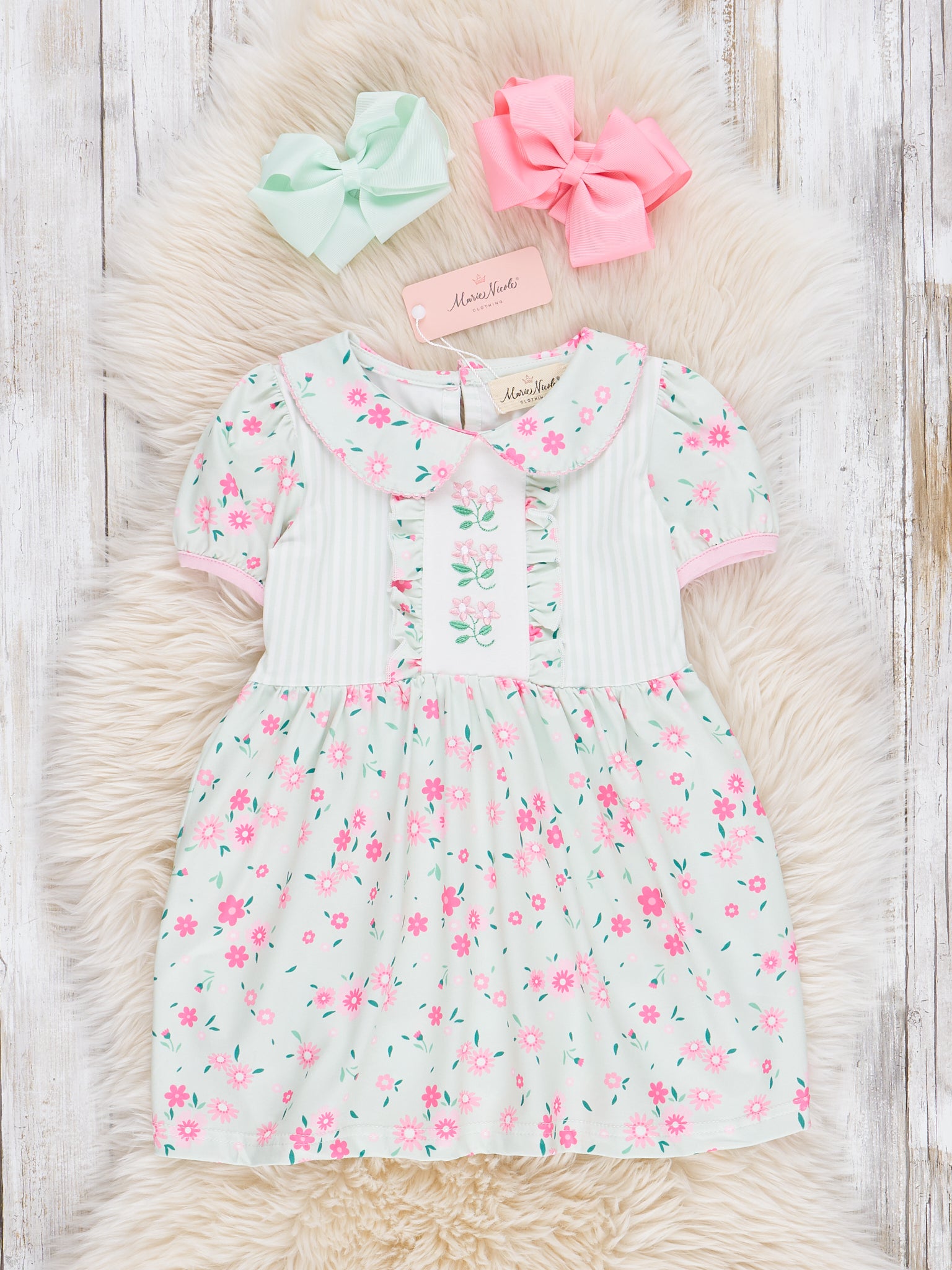 Minty Florals Ruffle Tie Dress - Marie Nicole Clothing