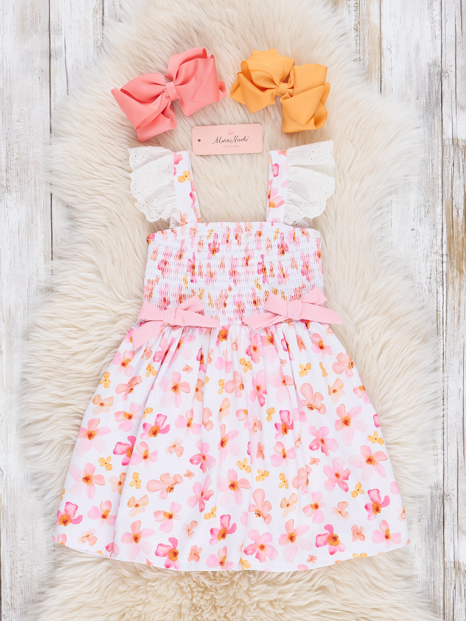 Pink & Yellow Floral Smocked Ruffle Dress - Marie Nicole Clothing