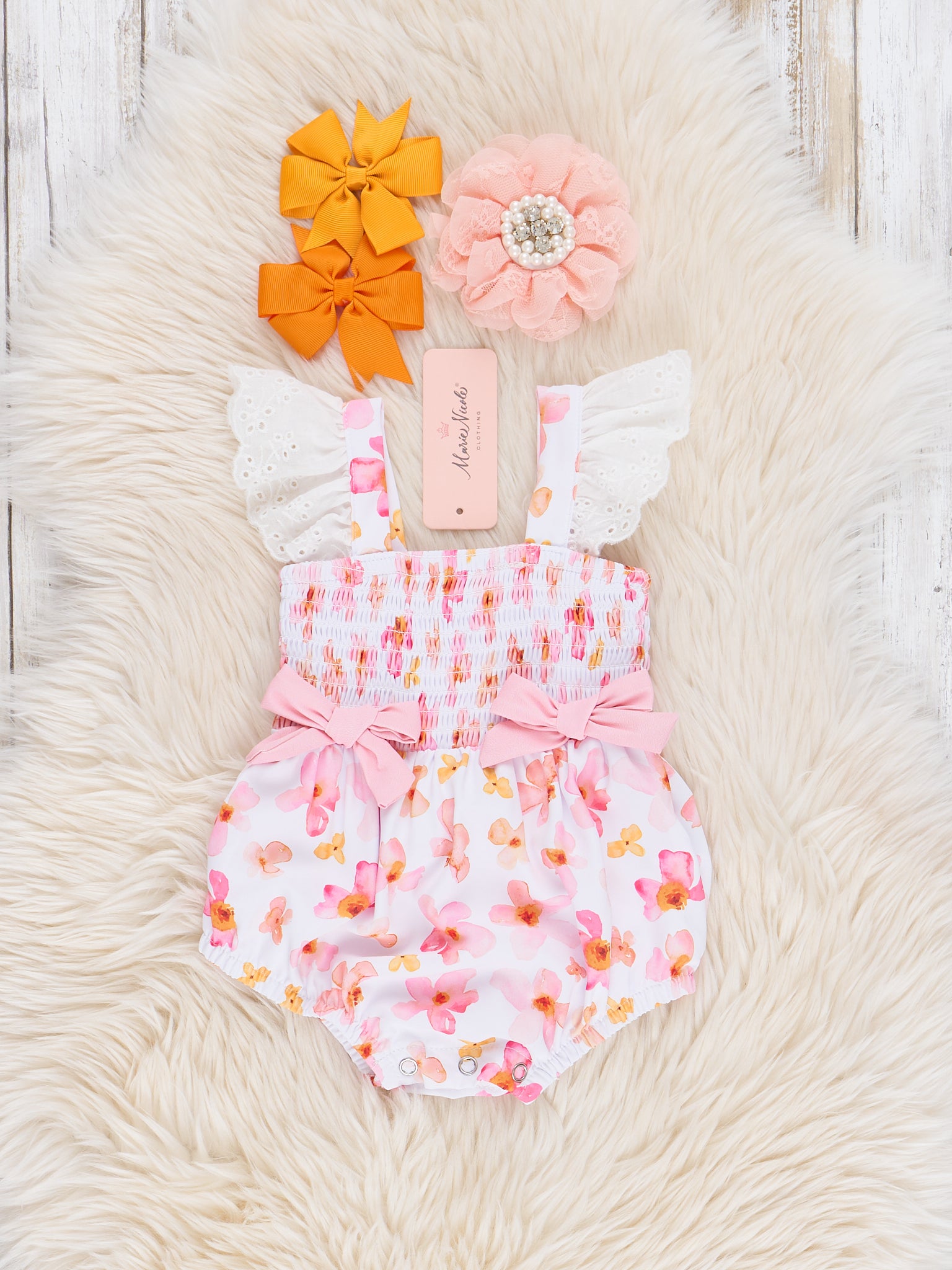 Pink & Yellow Floral Smocked Bubble Romper - Marie Nicole Clothing