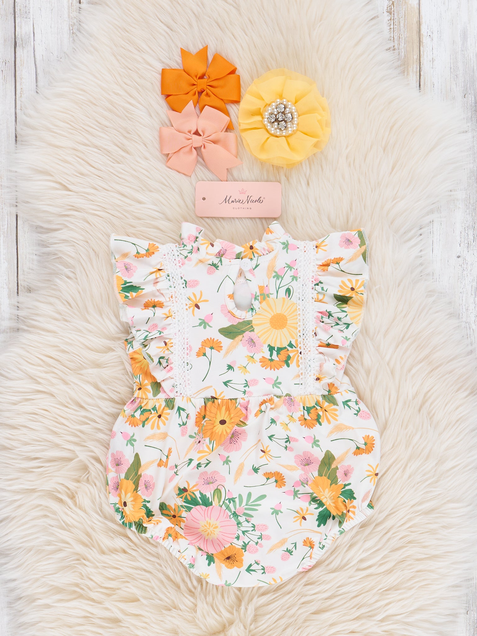 Yellow & Pink Wildflowers Bubble Romper - Marie Nicole Clothing