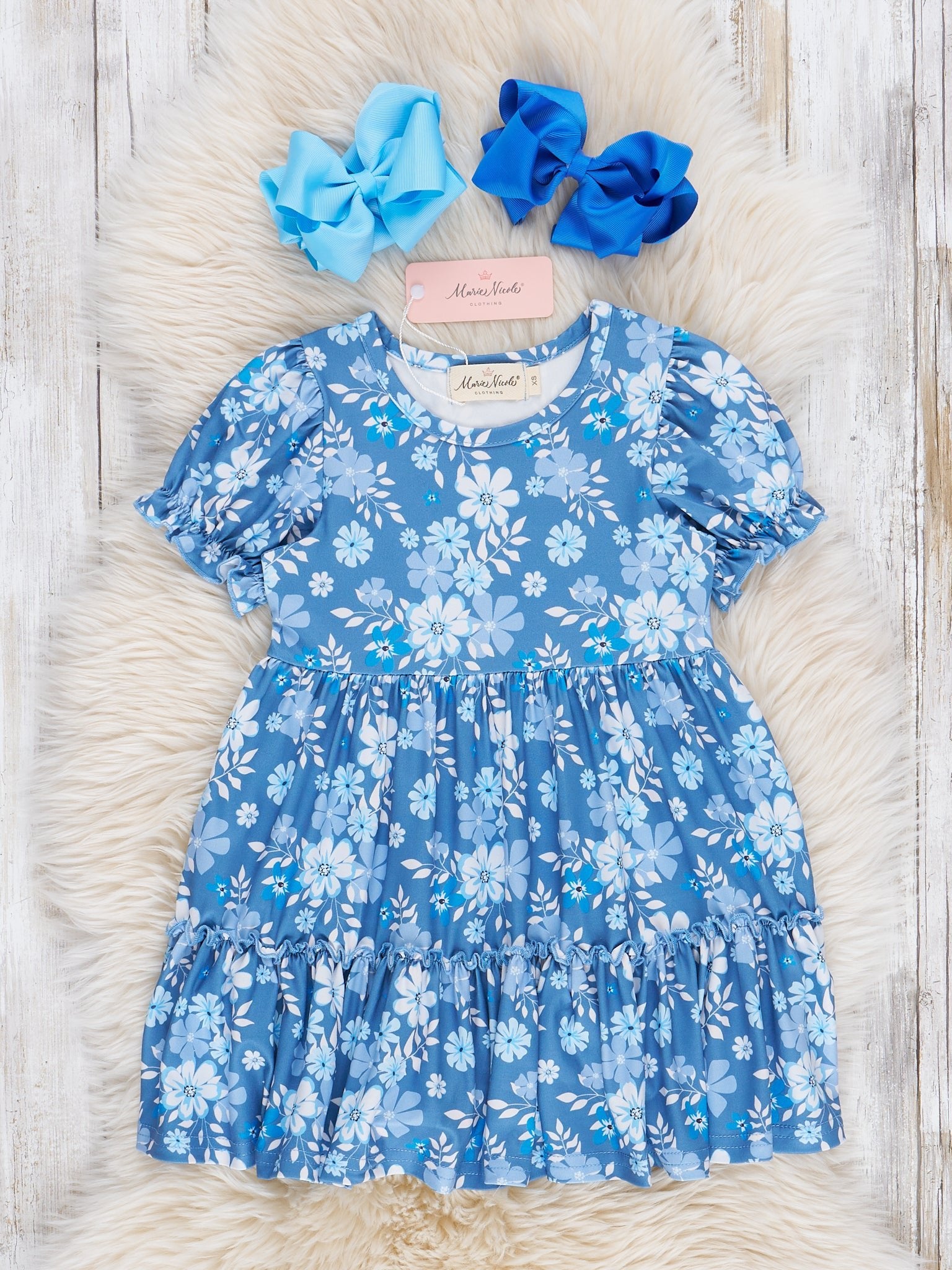 Sweet Blue Floral Tiered Ruffle Dress - Marie Nicole Clothing