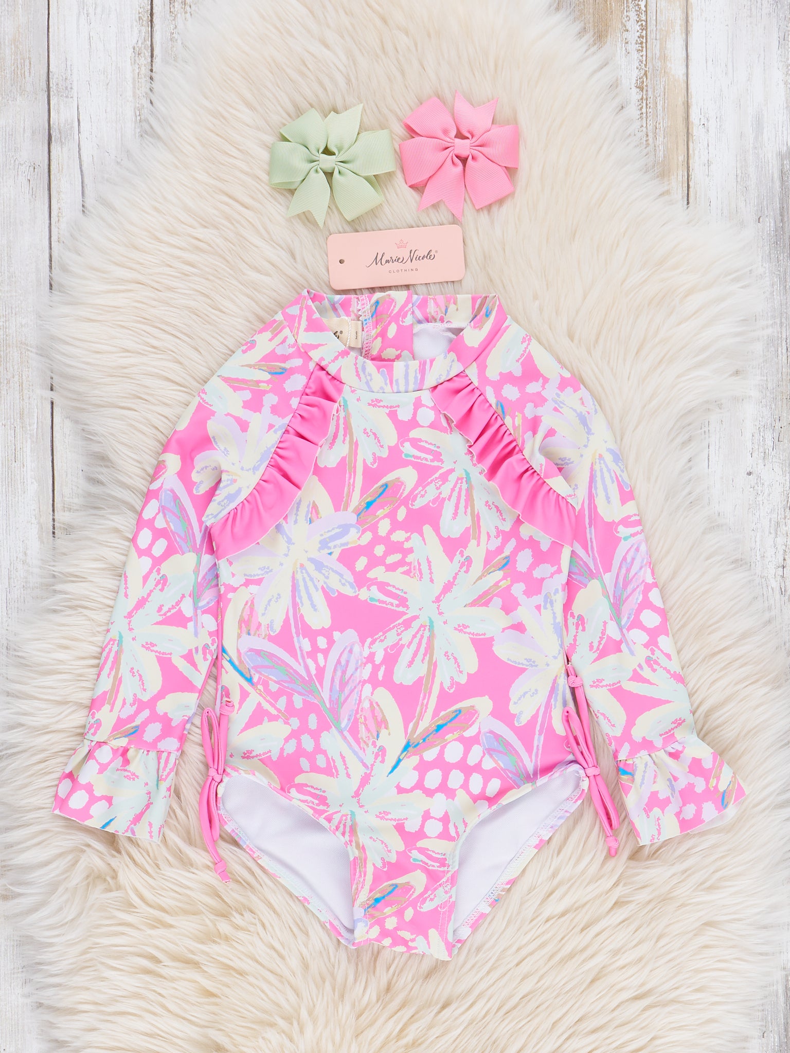 Tropical Pink Floral Ruffle Rashguard Swimsuit - Marie Nicole Clothing