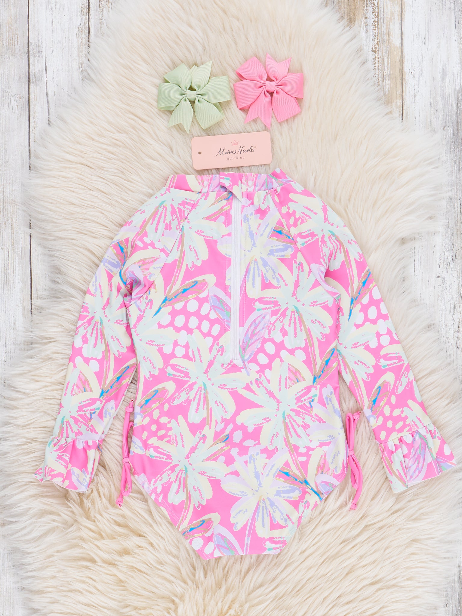 Tropical Pink Floral Ruffle Rashguard Swimsuit - Marie Nicole Clothing