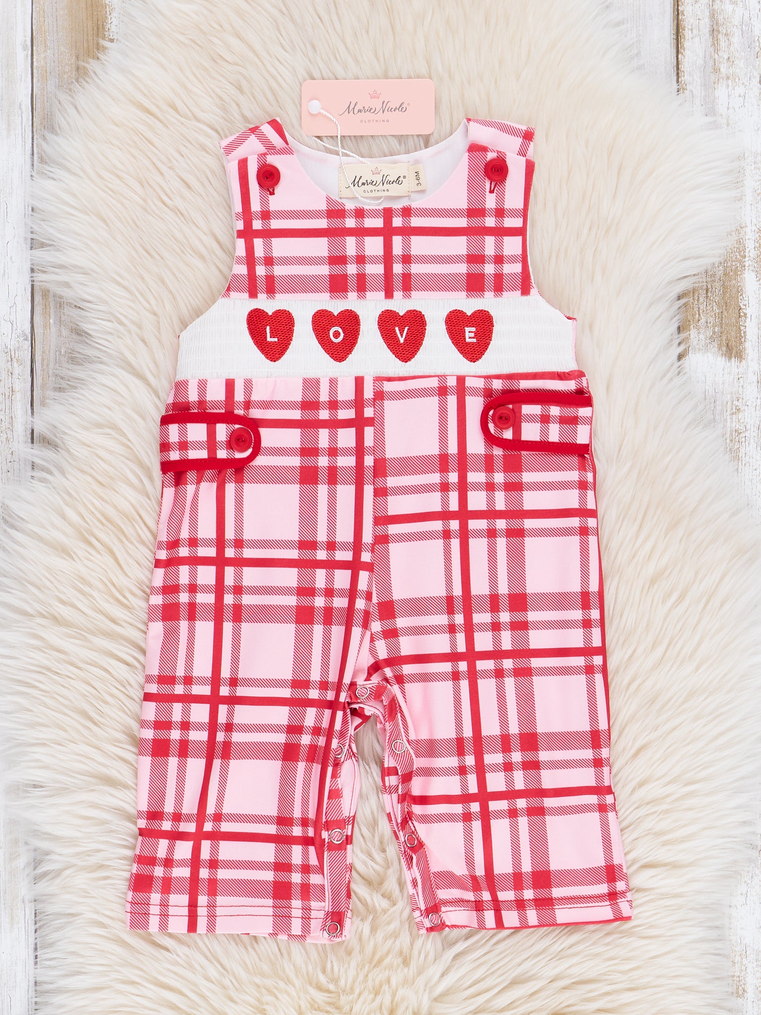 Red Plaid Smocked Hearts Johnny - Marie Nicole Clothing