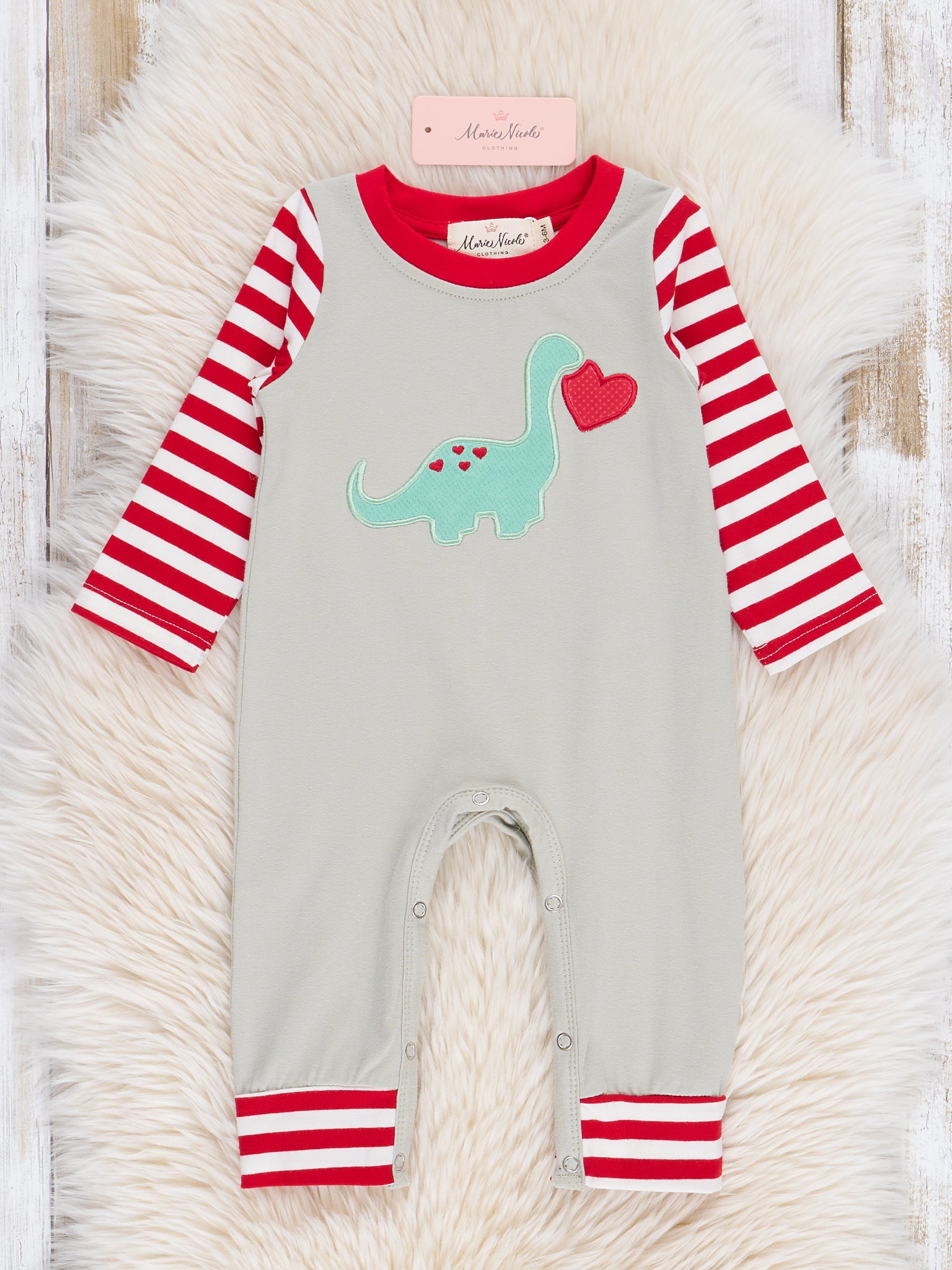 Grey Dino Love Raglan Romper - Marie Nicole Clothing