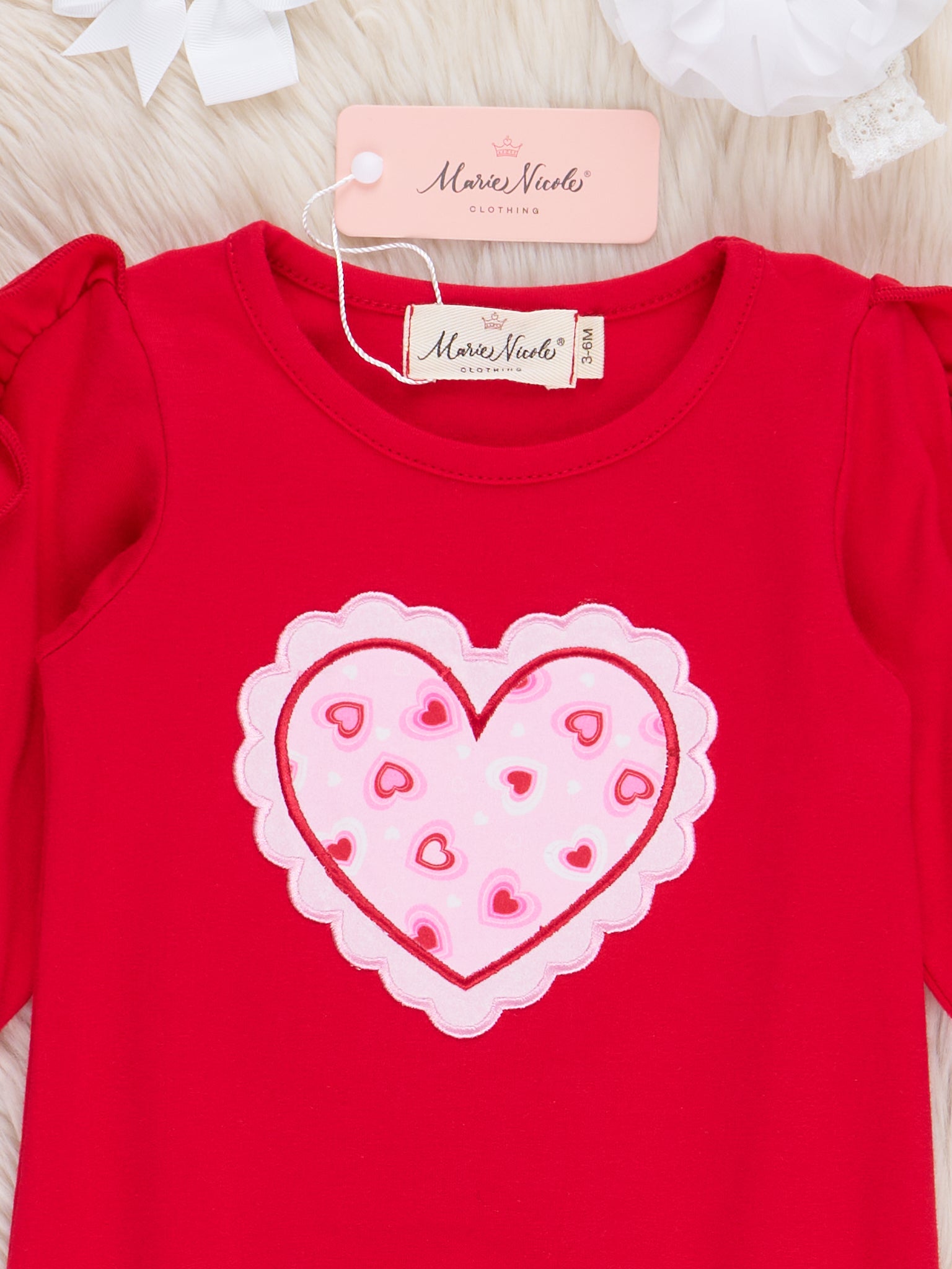 Red & Pink Stitched Heart Ruffle Romper - Marie Nicole Clothing