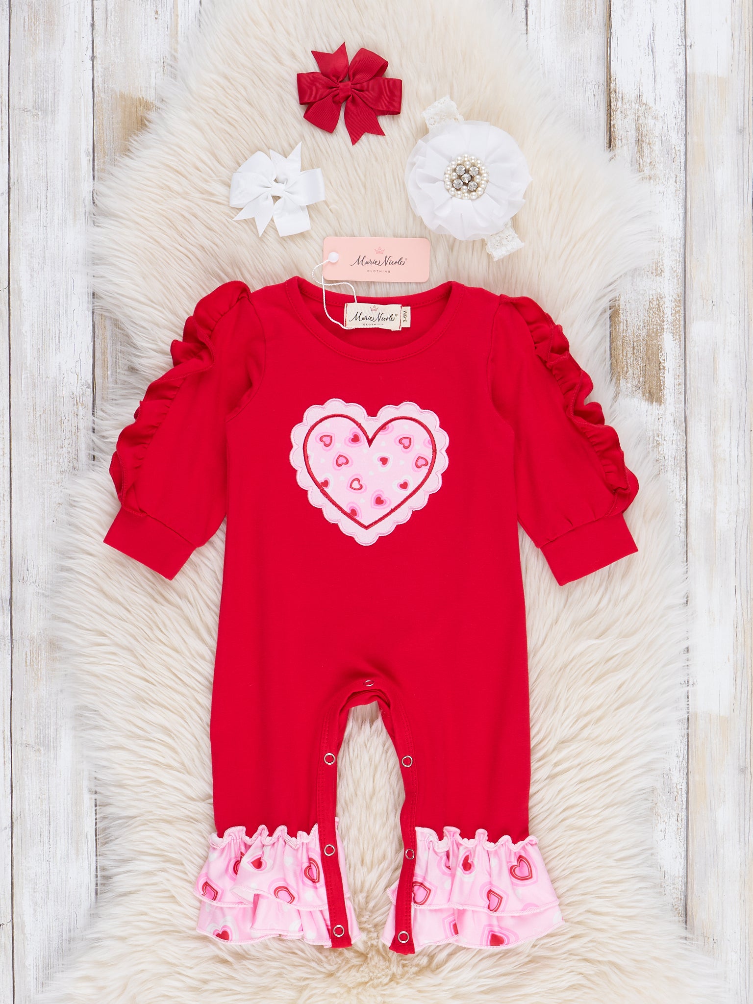 Red & Pink Stitched Heart Ruffle Romper - Marie Nicole Clothing