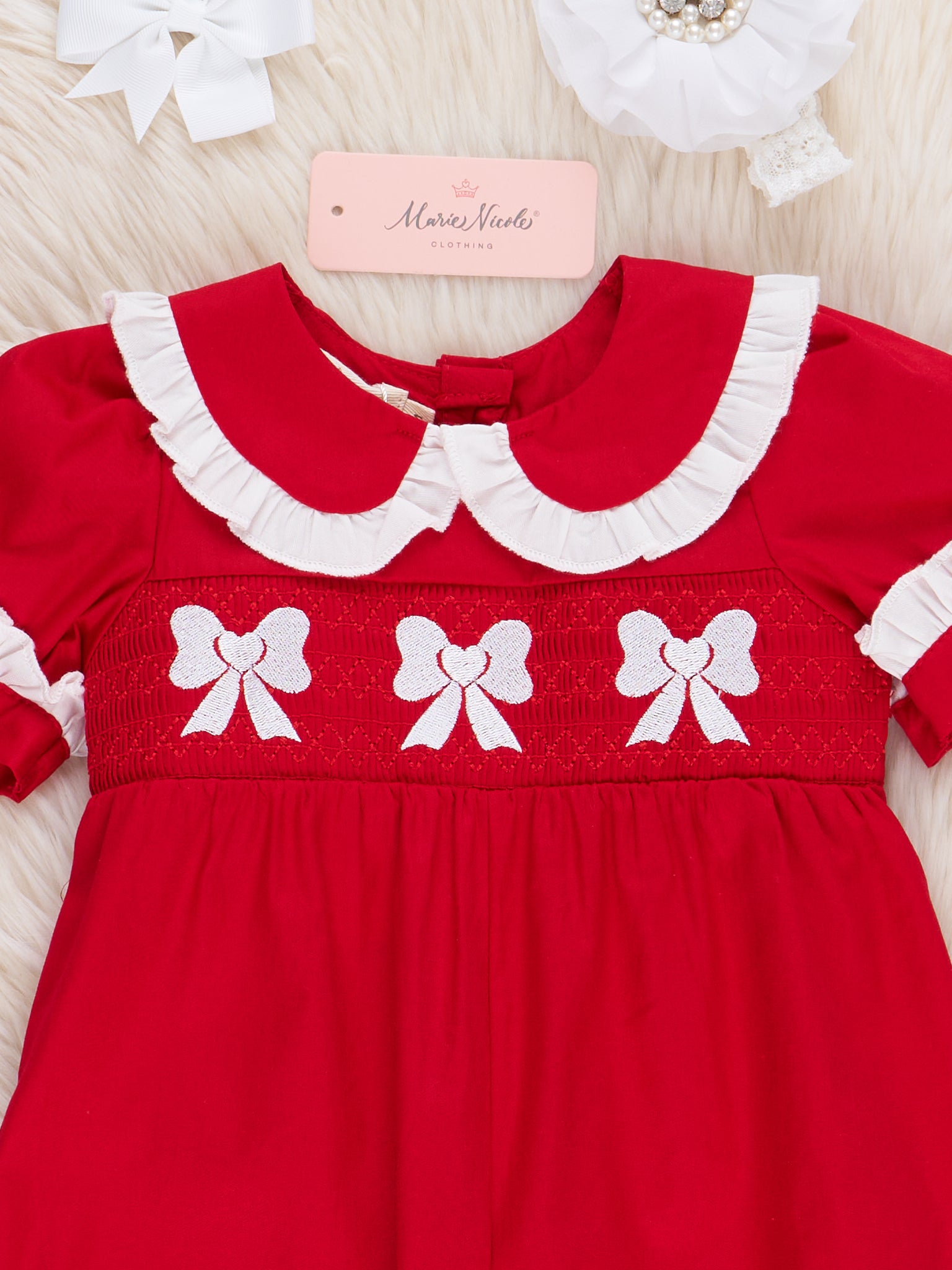 Red Smocked Bows Ruffle Romper - Marie Nicole Clothing