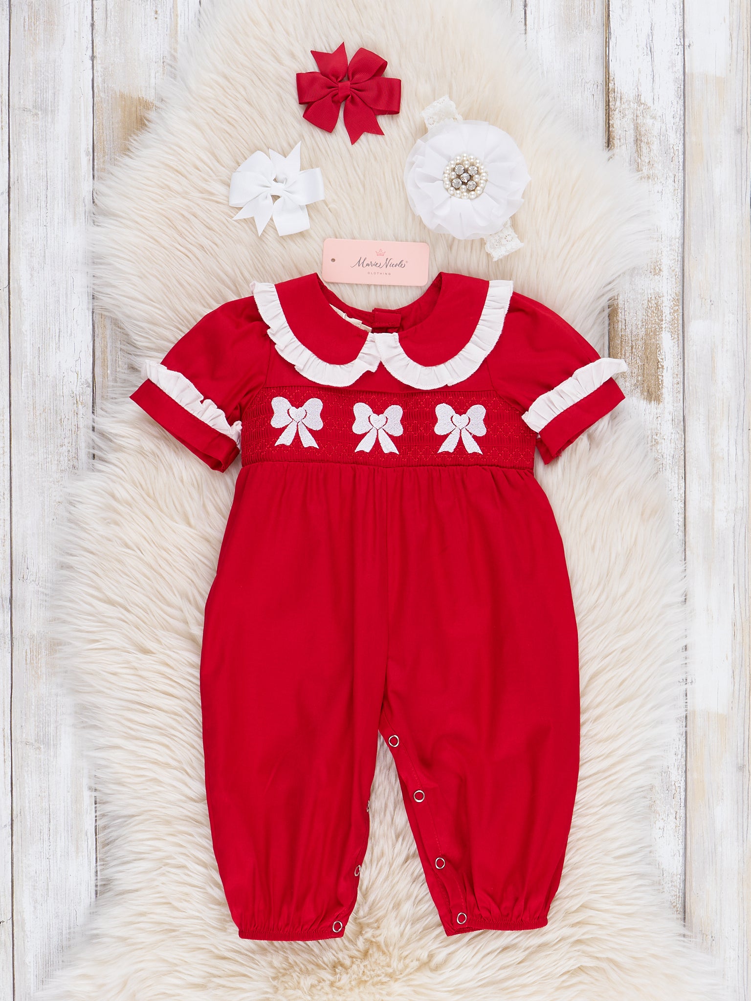Red Smocked Bows Ruffle Romper - Marie Nicole Clothing
