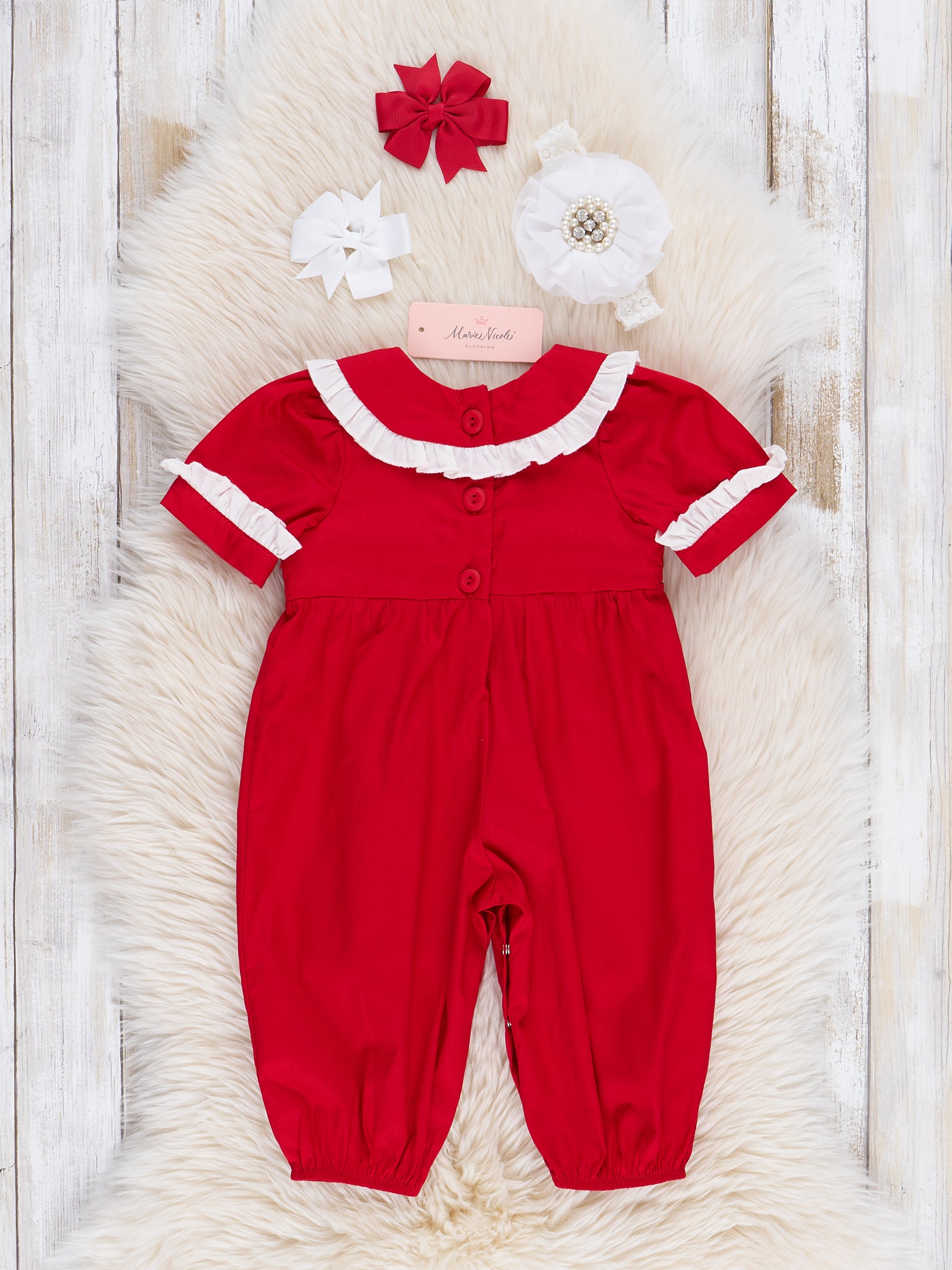 Red Smocked Bows Ruffle Romper - Marie Nicole Clothing