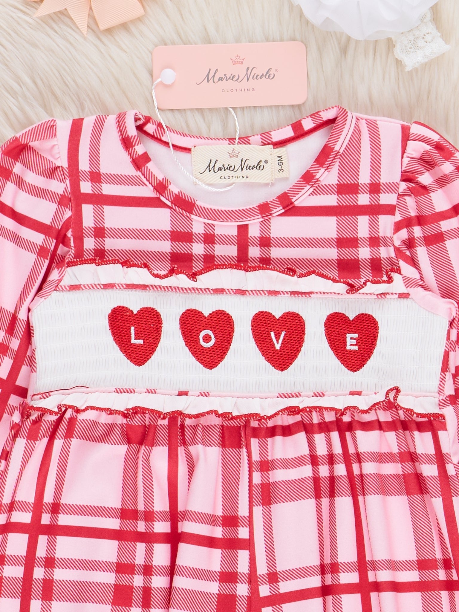 Red Plaid Smocked Hearts Ruffle Romper - Marie Nicole Clothing