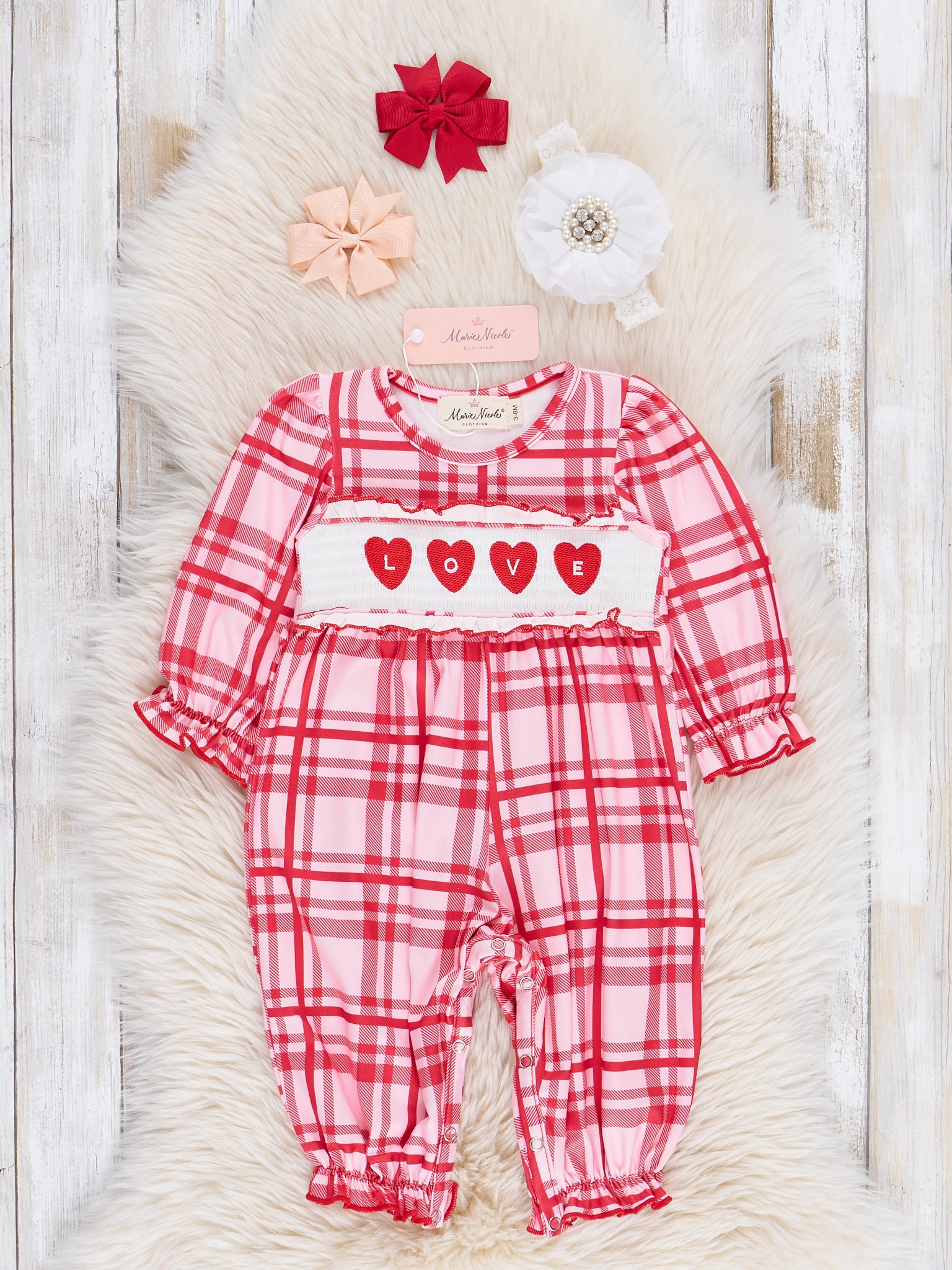 Red Plaid Smocked Hearts Ruffle Romper - Marie Nicole Clothing