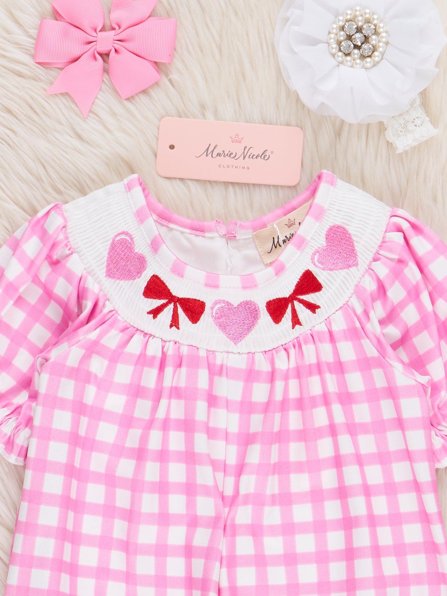 Pink Gingham Smocked Hearts & Bows Ruffle Romper - Marie Nicole Clothing