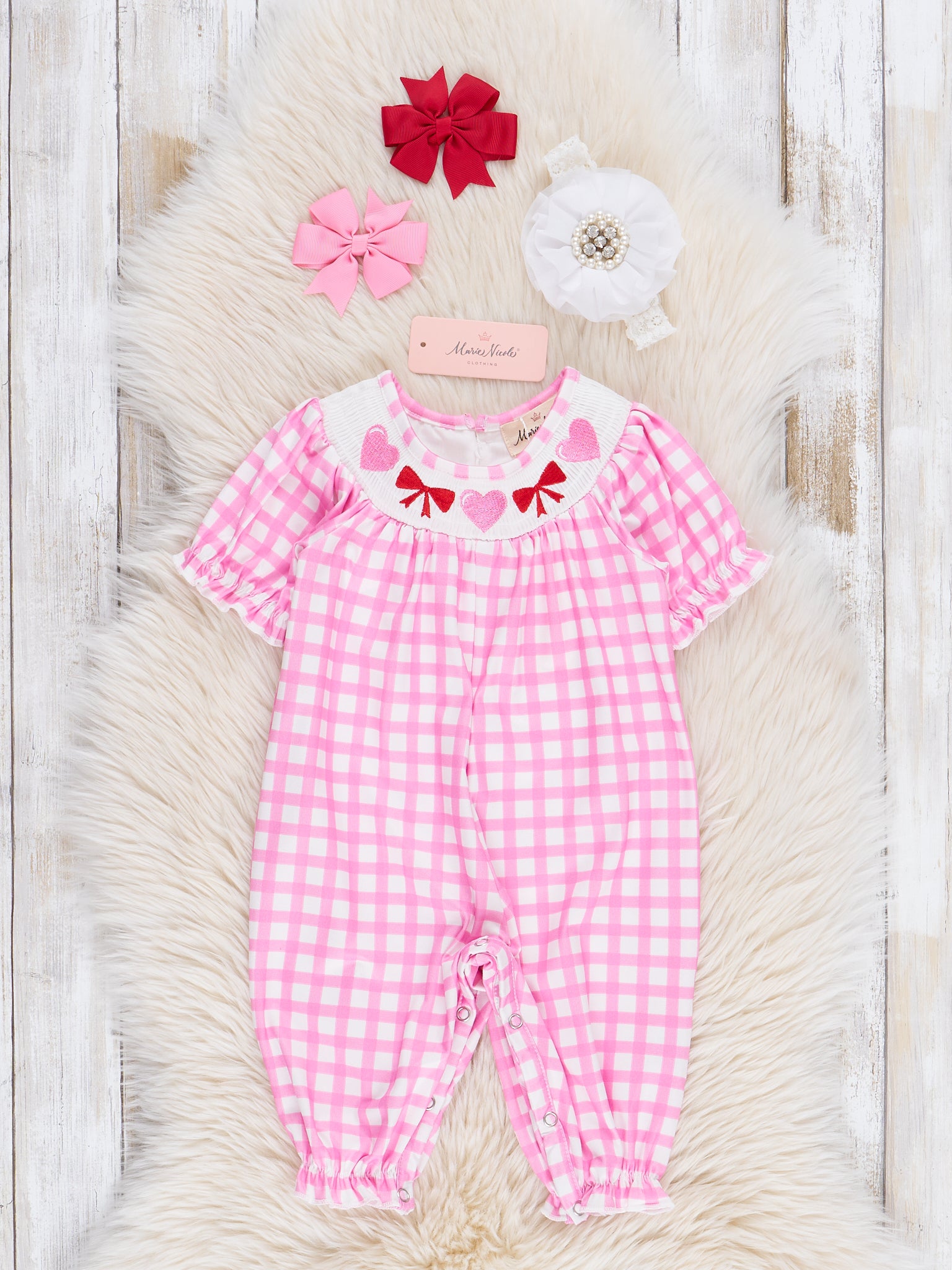 Pink Gingham Smocked Hearts & Bows Ruffle Romper - Marie Nicole Clothing