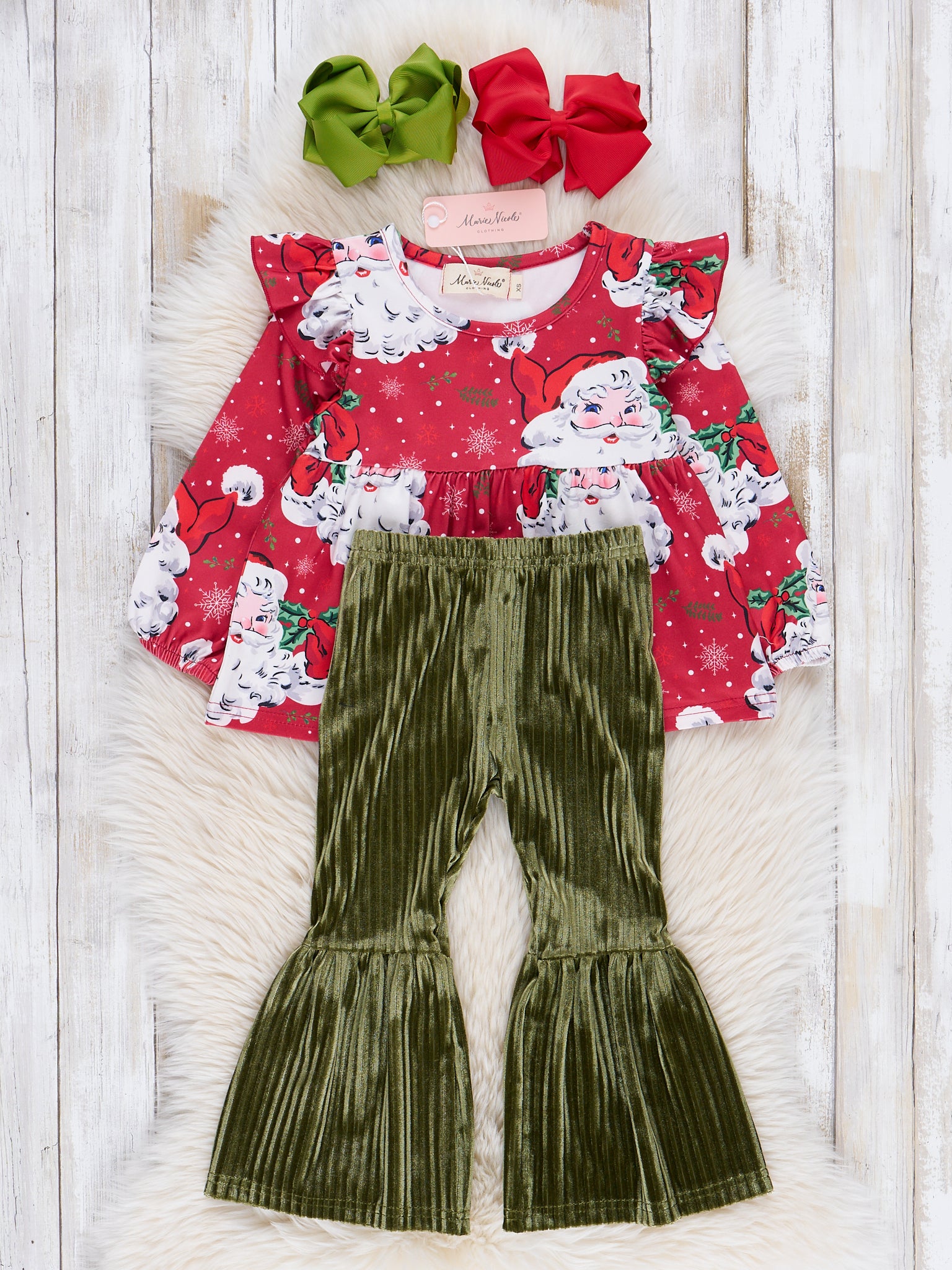 Santa Peplum Top & Velvet Bell Bottoms Outfit - Marie Nicole Clothing