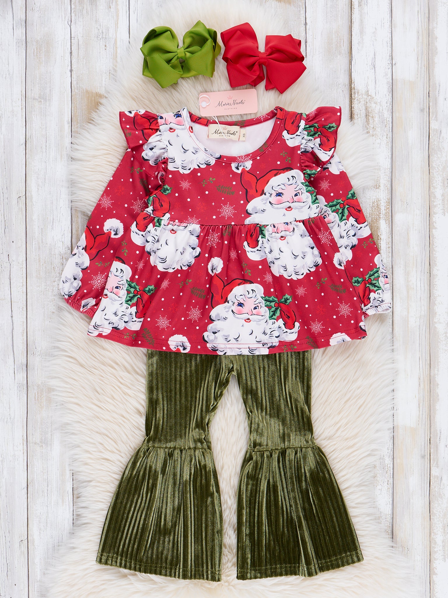 Santa Peplum Top & Velvet Bell Bottoms Outfit - Marie Nicole Clothing