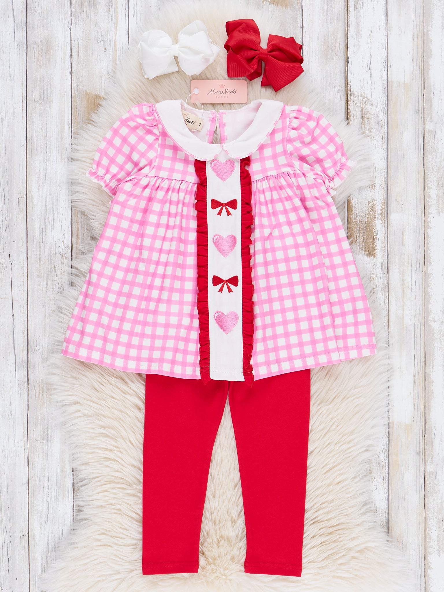 Pink Gingham Hearts & Bows Ruffle Outfit - Marie Nicole Clothing