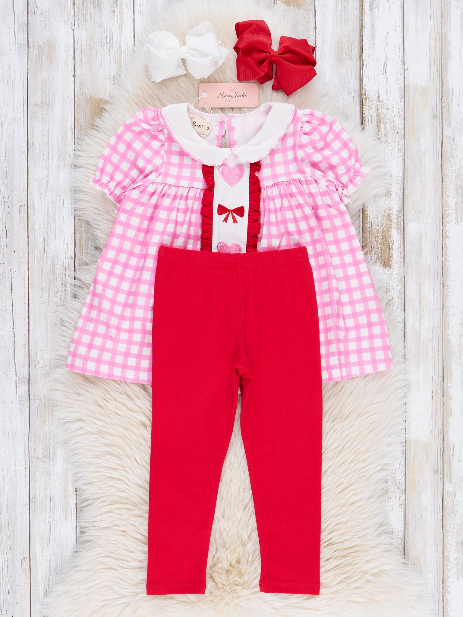 Pink Gingham Hearts & Bows Ruffle Outfit - Marie Nicole Clothing