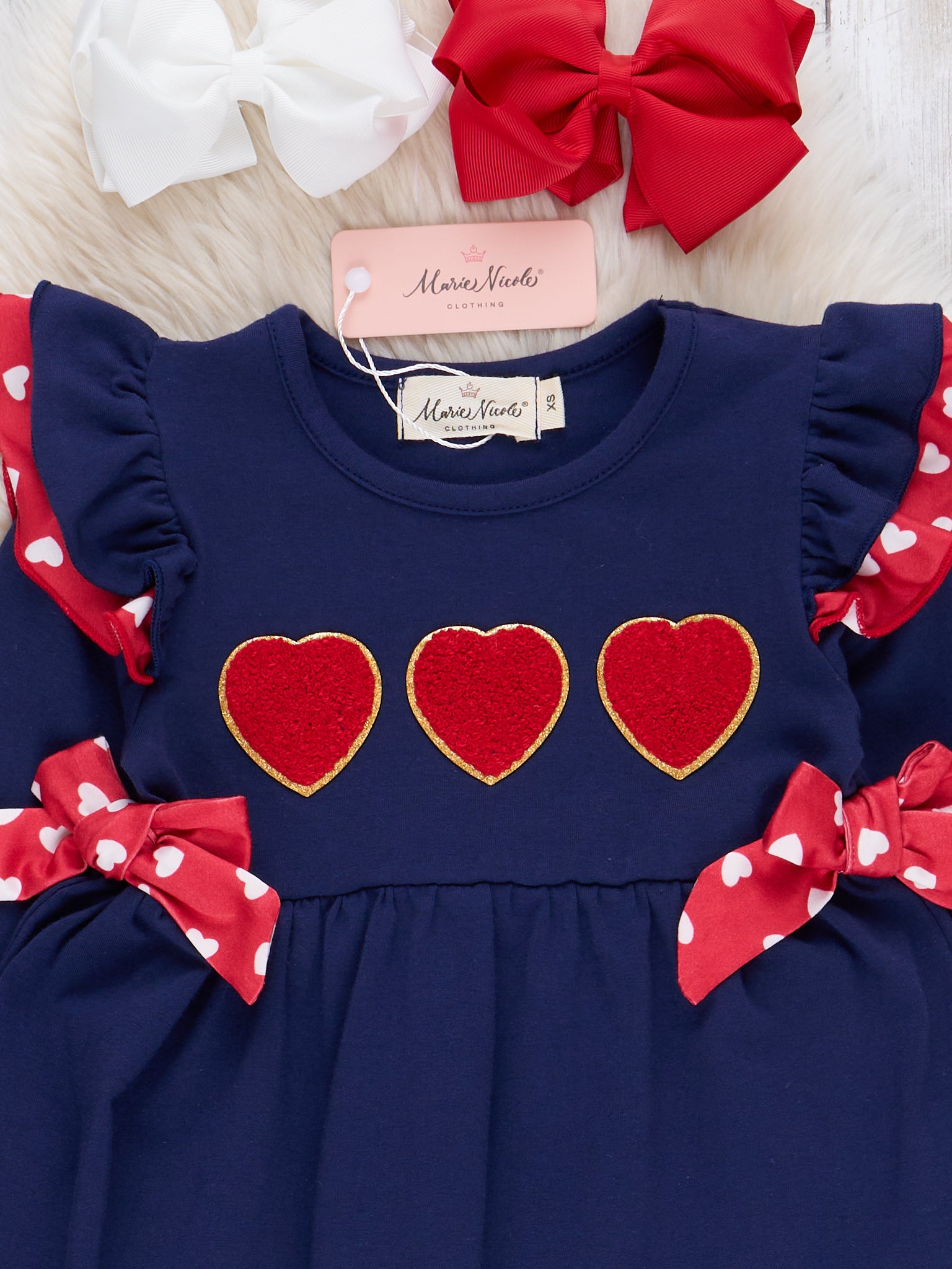 Navy & Red Chenille Hearts Ruffle Outfit - Marie Nicole Clothing