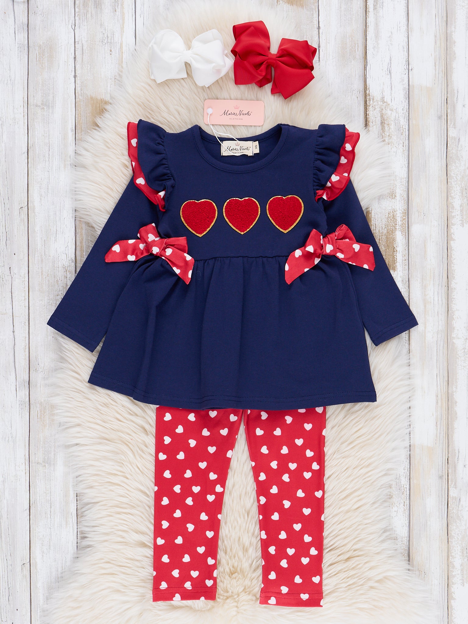 Navy & Red Chenille Hearts Ruffle Outfit - Marie Nicole Clothing