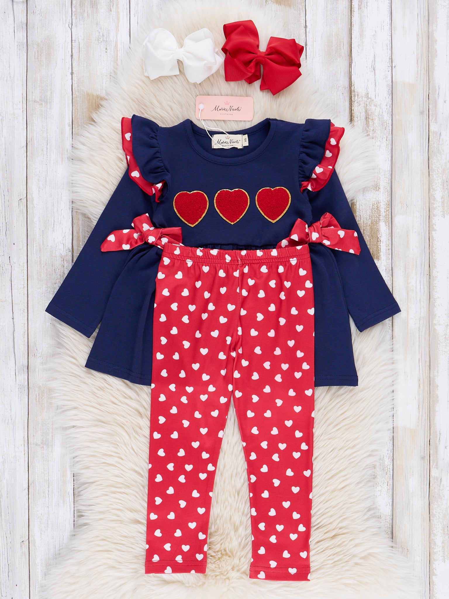 Navy & Red Chenille Hearts Ruffle Outfit - Marie Nicole Clothing