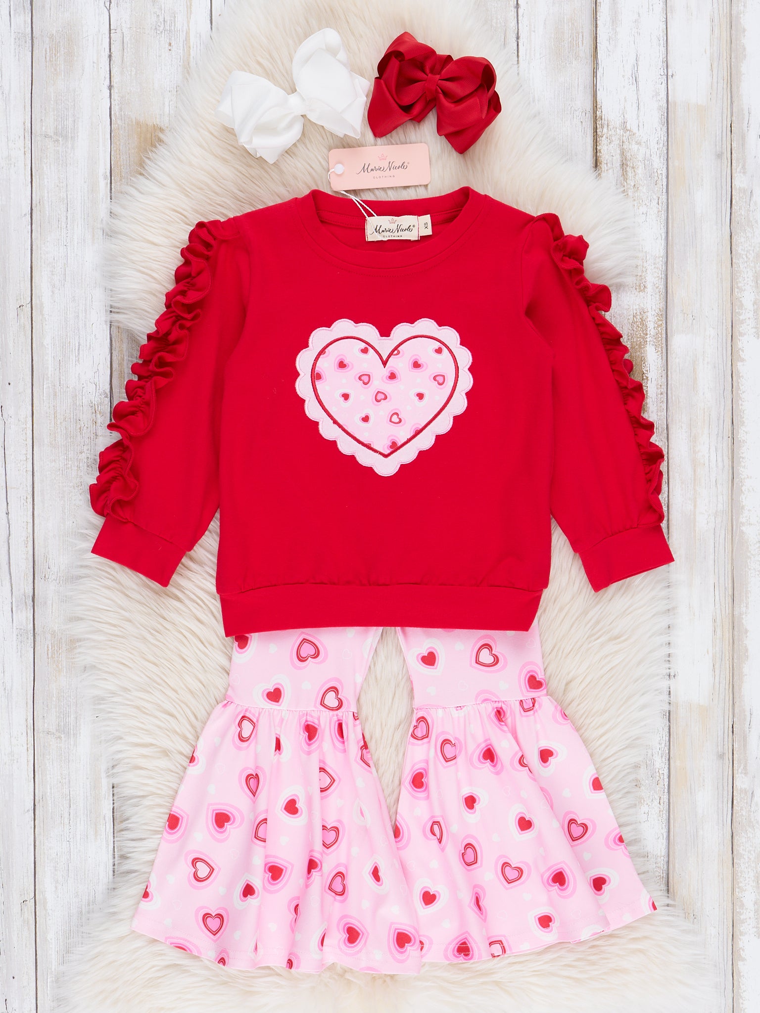 Red & Pink Stitched Heart Bell Bottoms Outfit - Marie Nicole Clothing