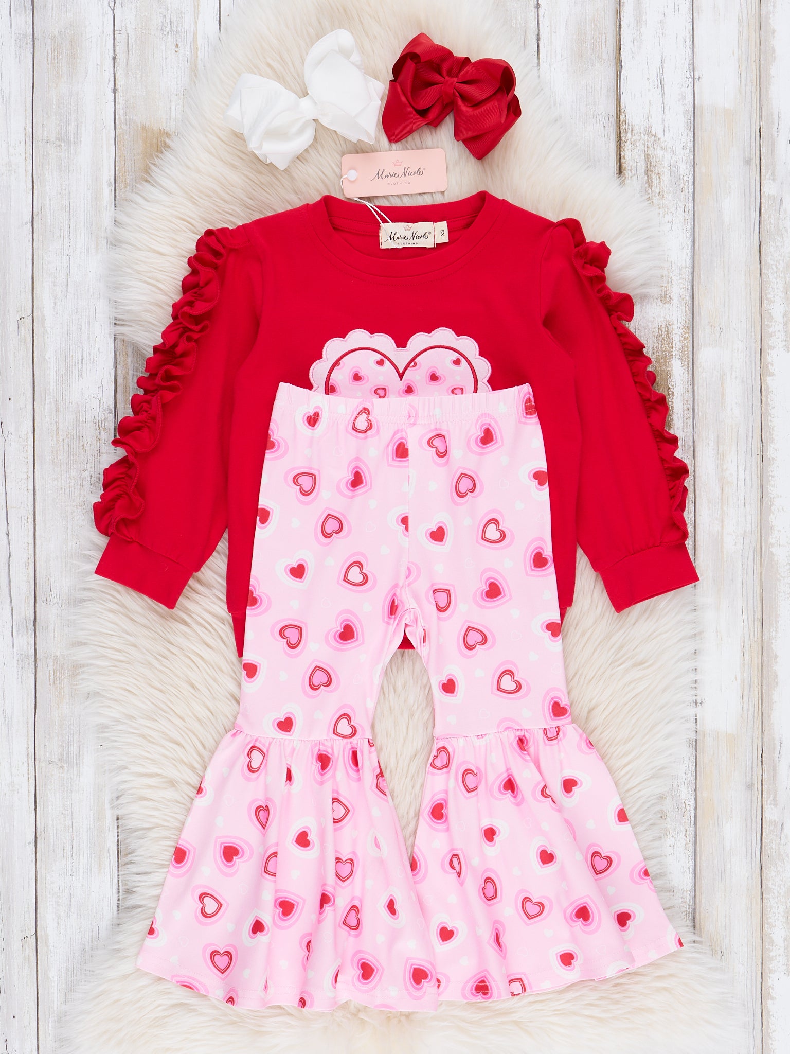Red & Pink Stitched Heart Bell Bottoms Outfit - Marie Nicole Clothing