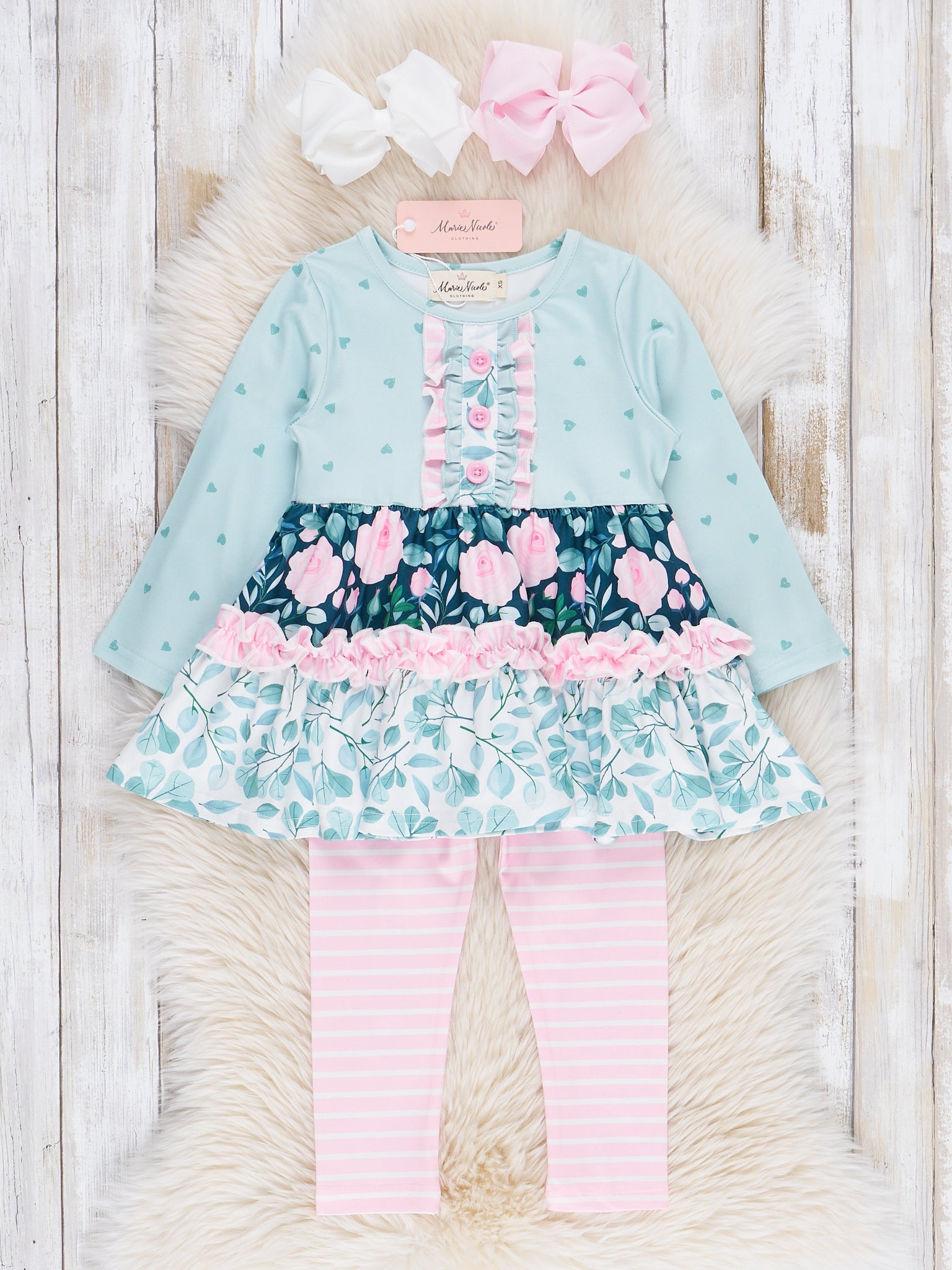 Hearts & Pink Stripes Ruffle Outfit - Marie Nicole Clothing
