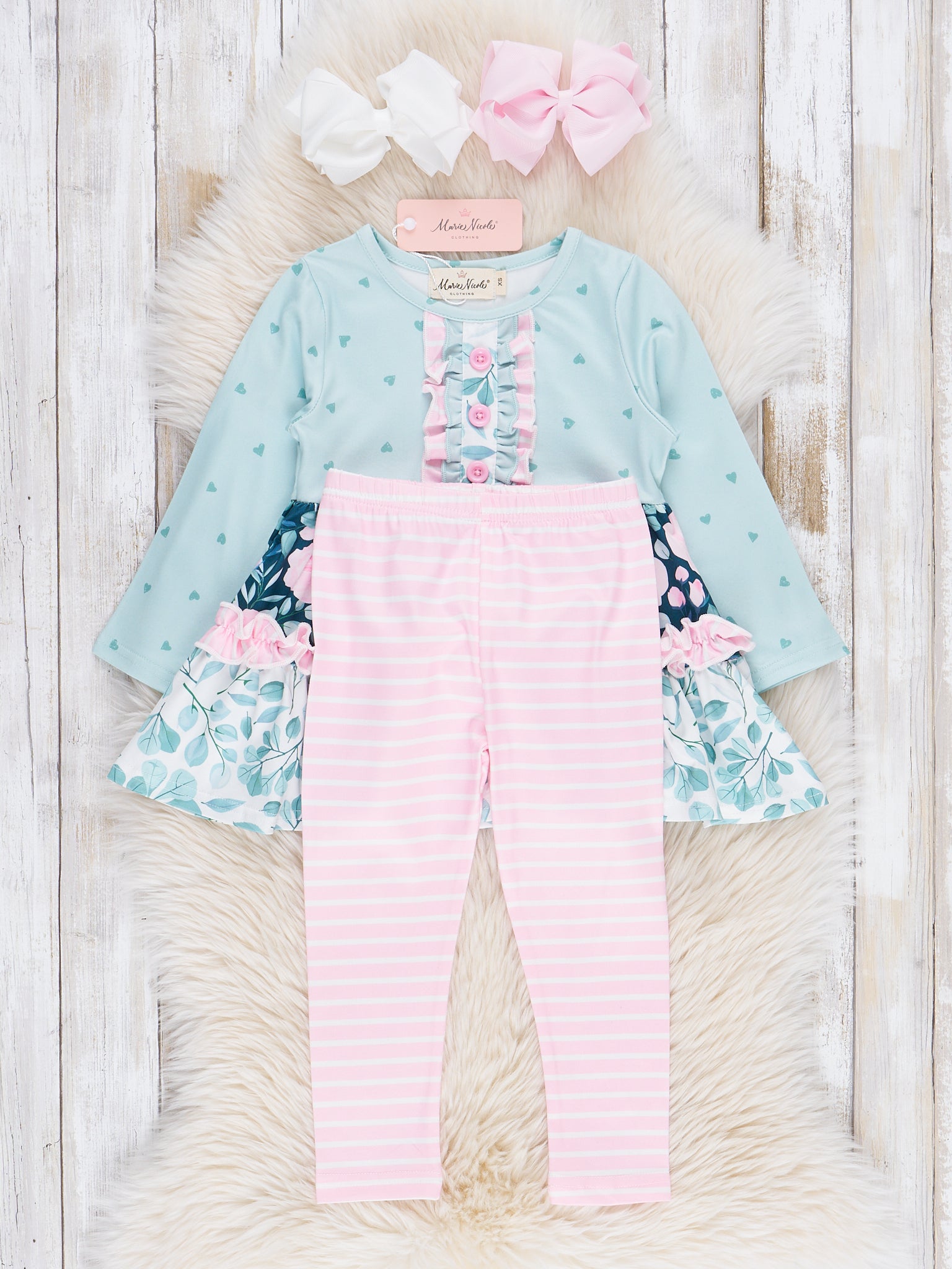 Hearts & Pink Stripes Ruffle Outfit - Marie Nicole Clothing