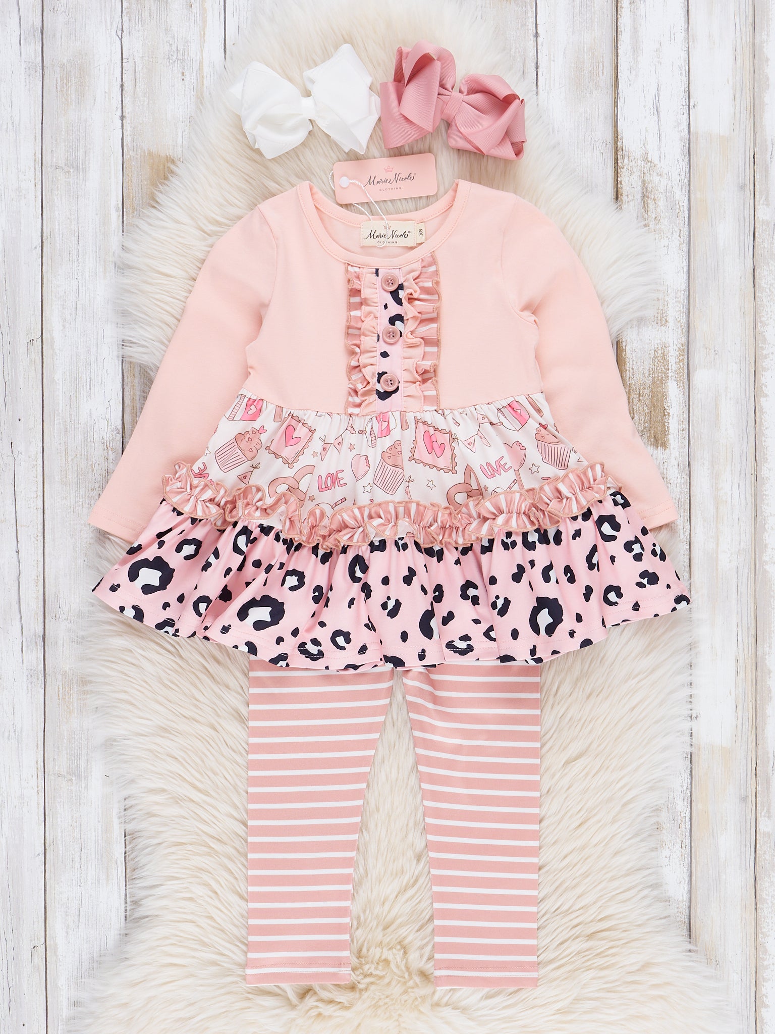 Peach Leopard Stripes Ruffle Outfit - Marie Nicole Clothing
