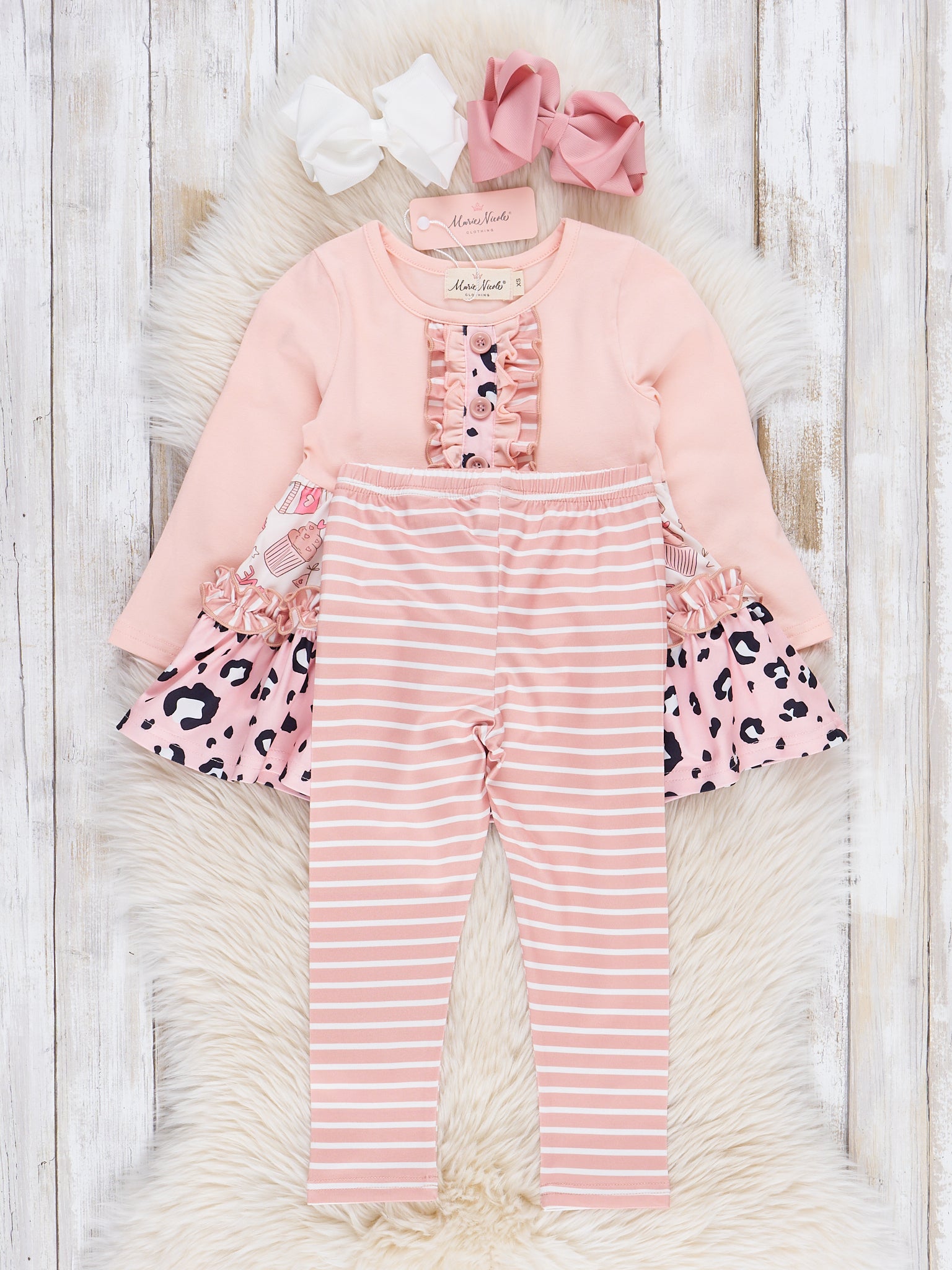 Peach Leopard Stripes Ruffle Outfit - Marie Nicole Clothing