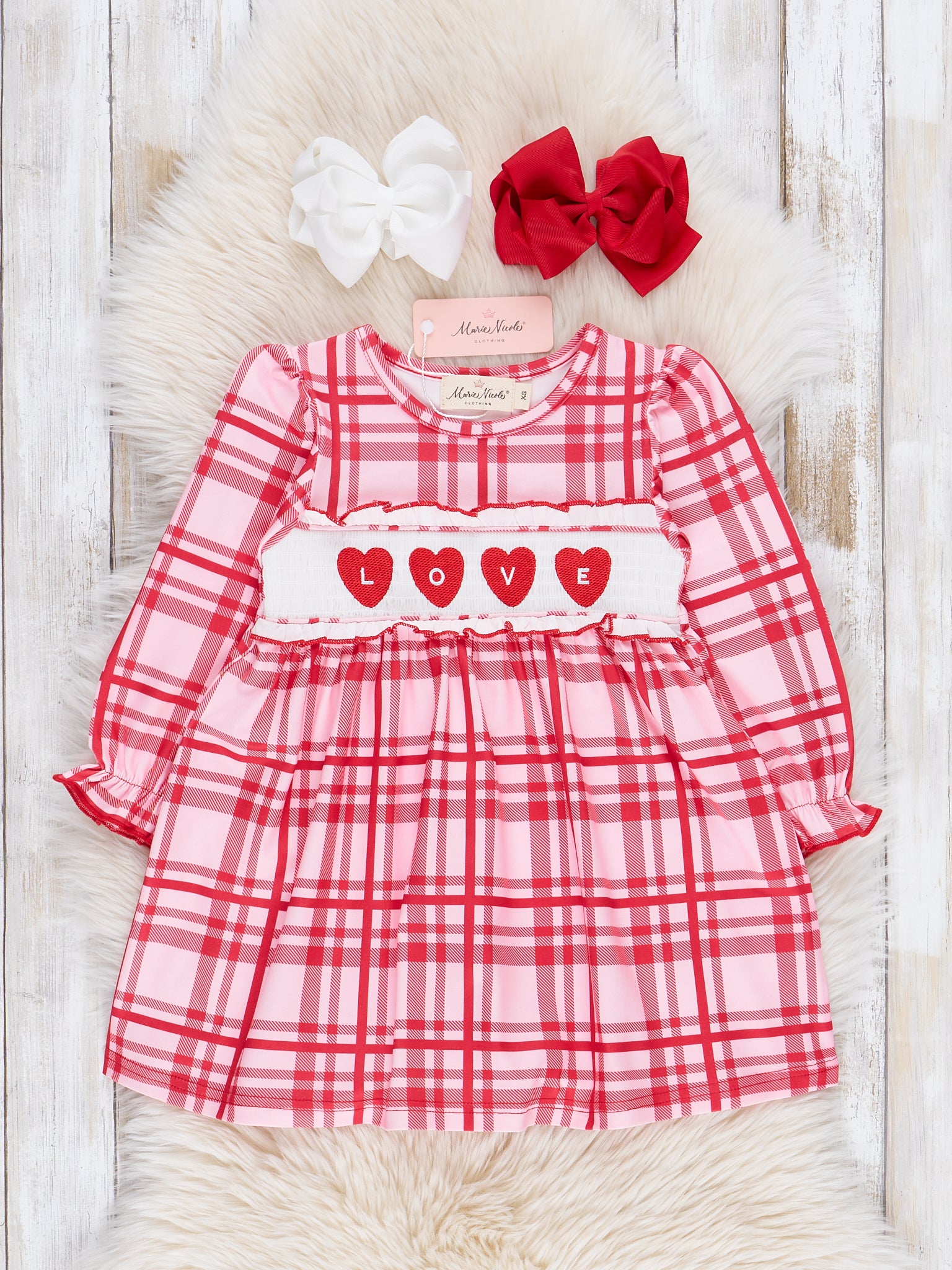 Red Plaid Smocked Hearts Ruffle Dress - Marie Nicole Clothing