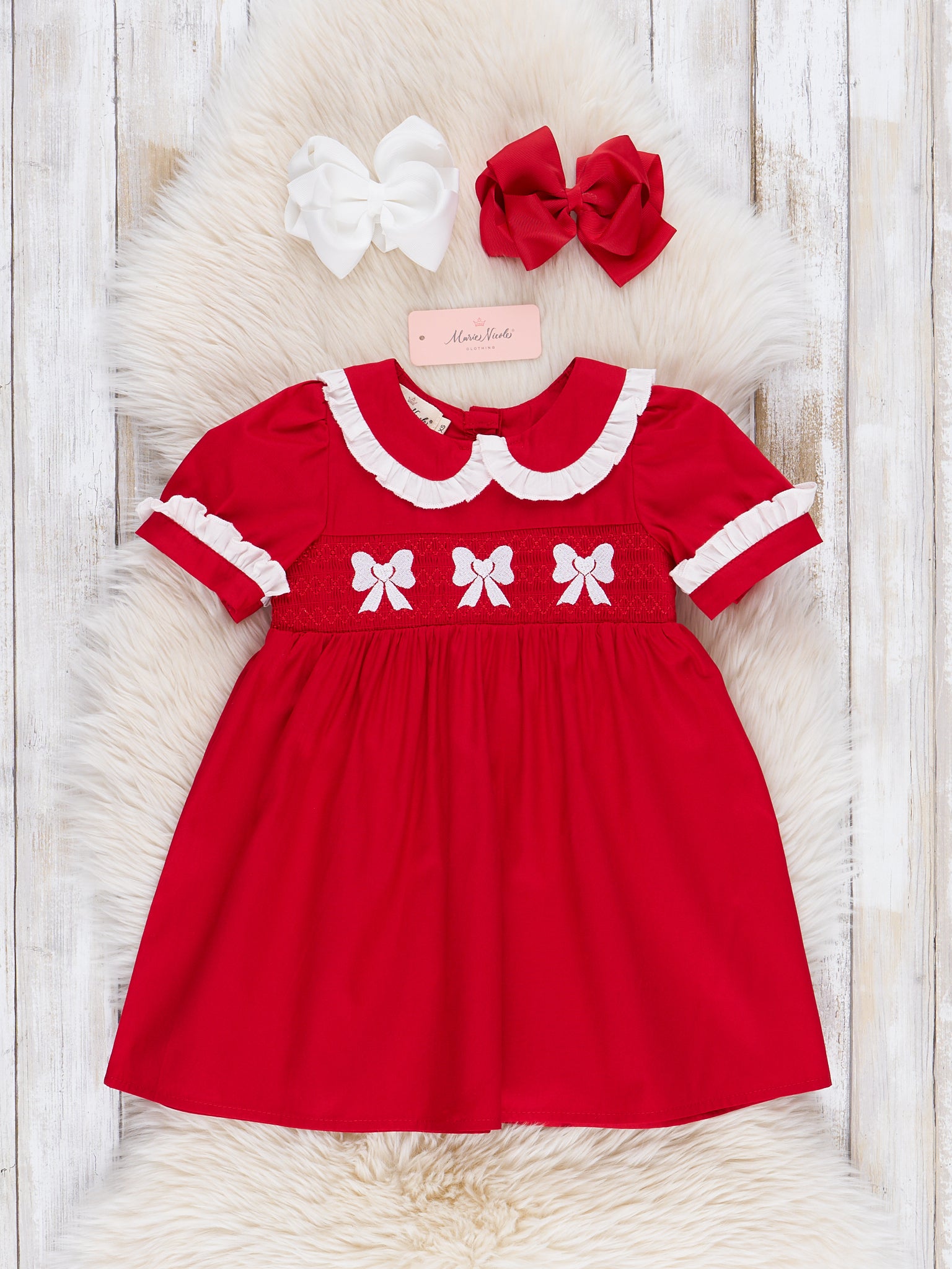 Red Smocked Bows Ruffle Dress - Marie Nicole Clothing