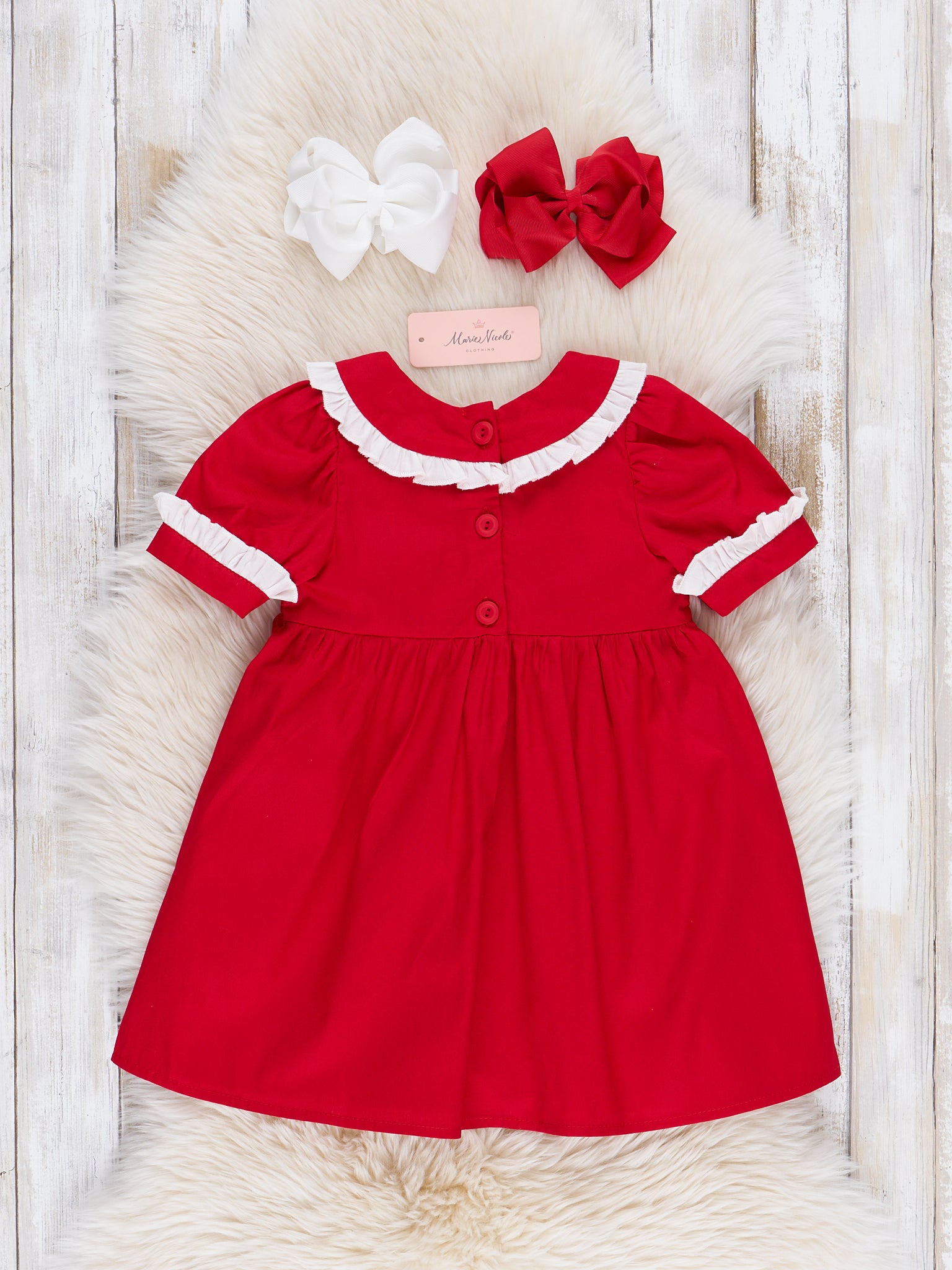 Red Smocked Bows Ruffle Dress - Marie Nicole Clothing