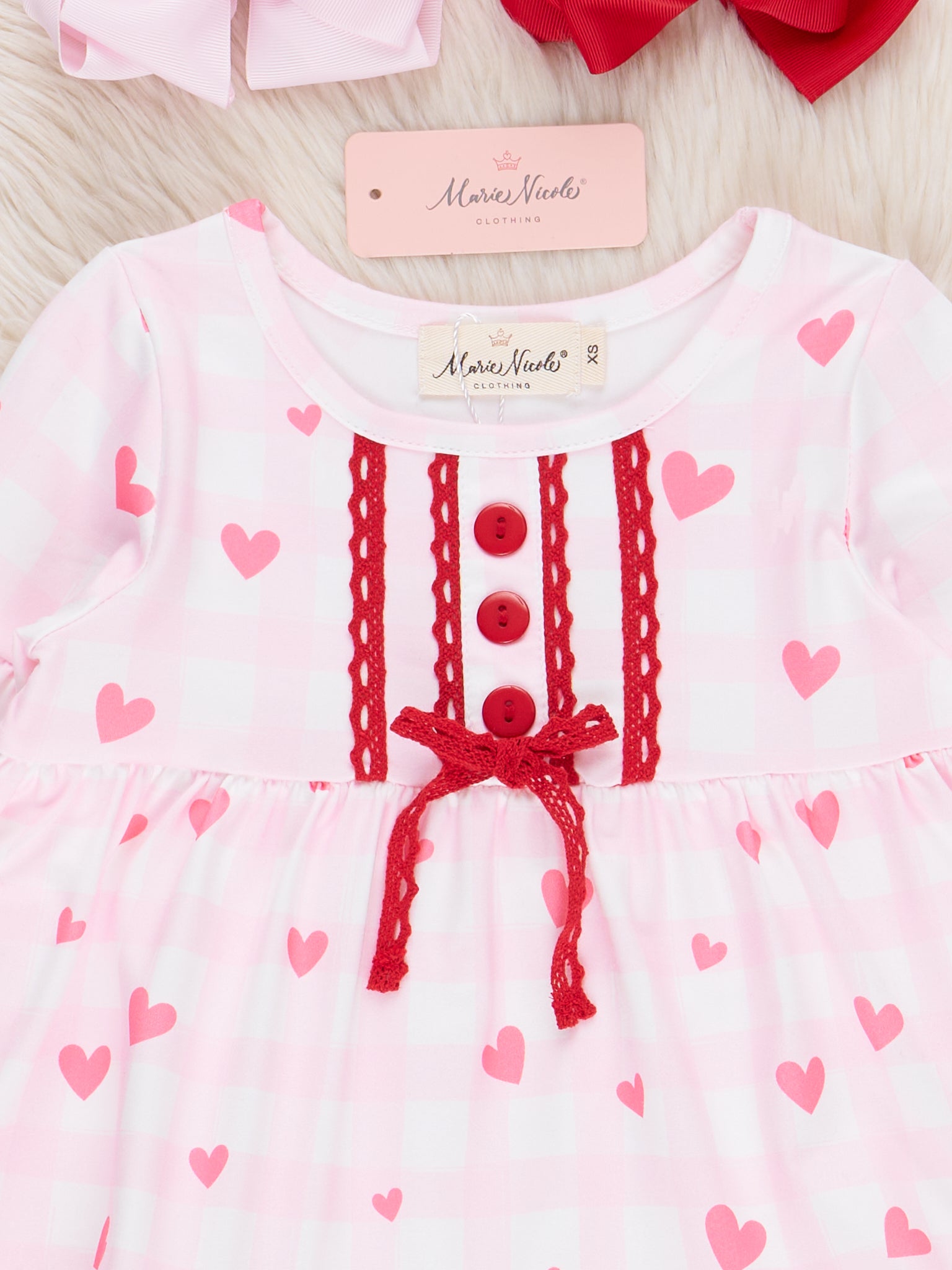 Pink Gingham Hearts Ruffle Dress - Marie Nicole Clothing