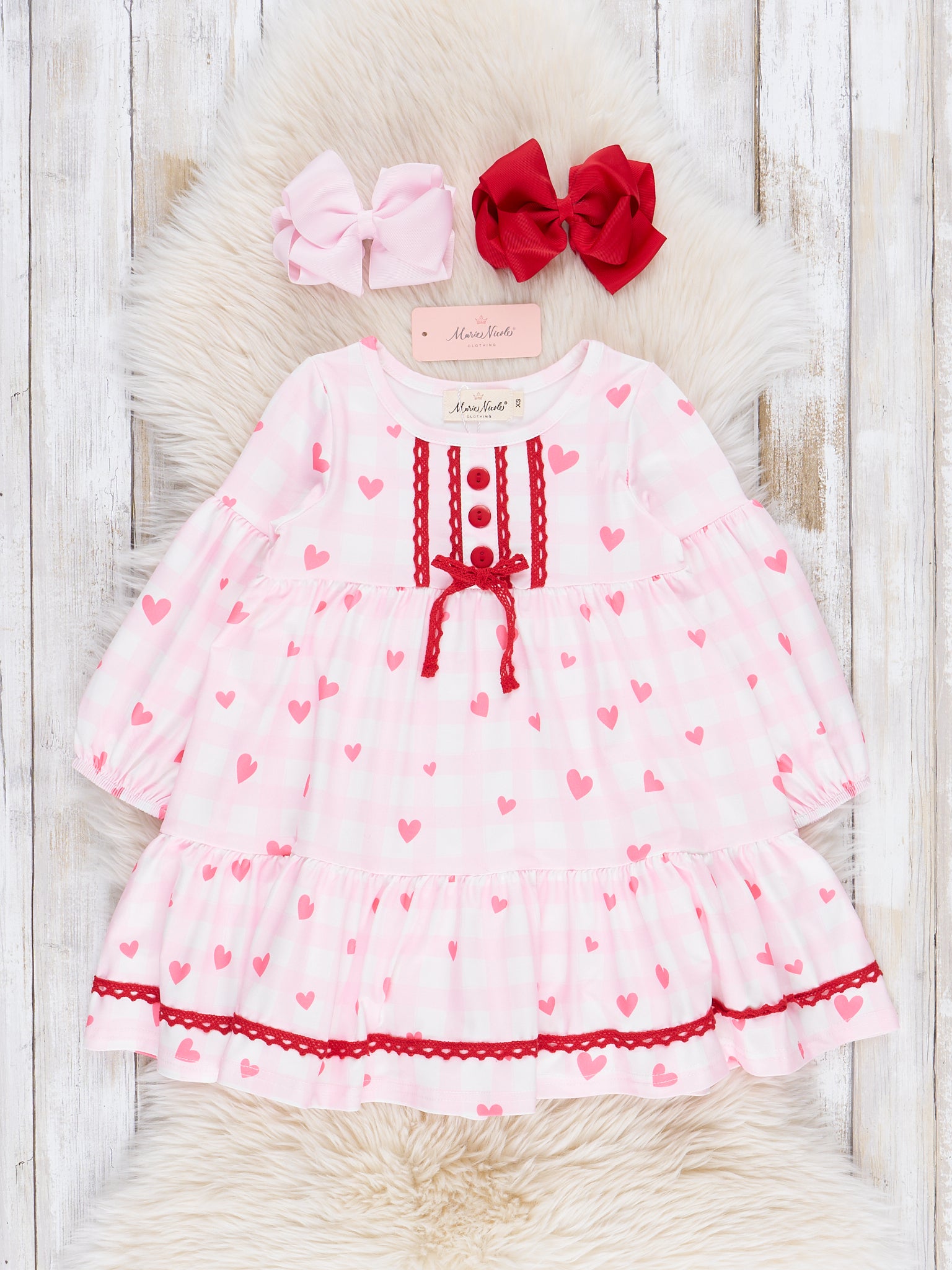 Pink Gingham Hearts Ruffle Dress - Marie Nicole Clothing