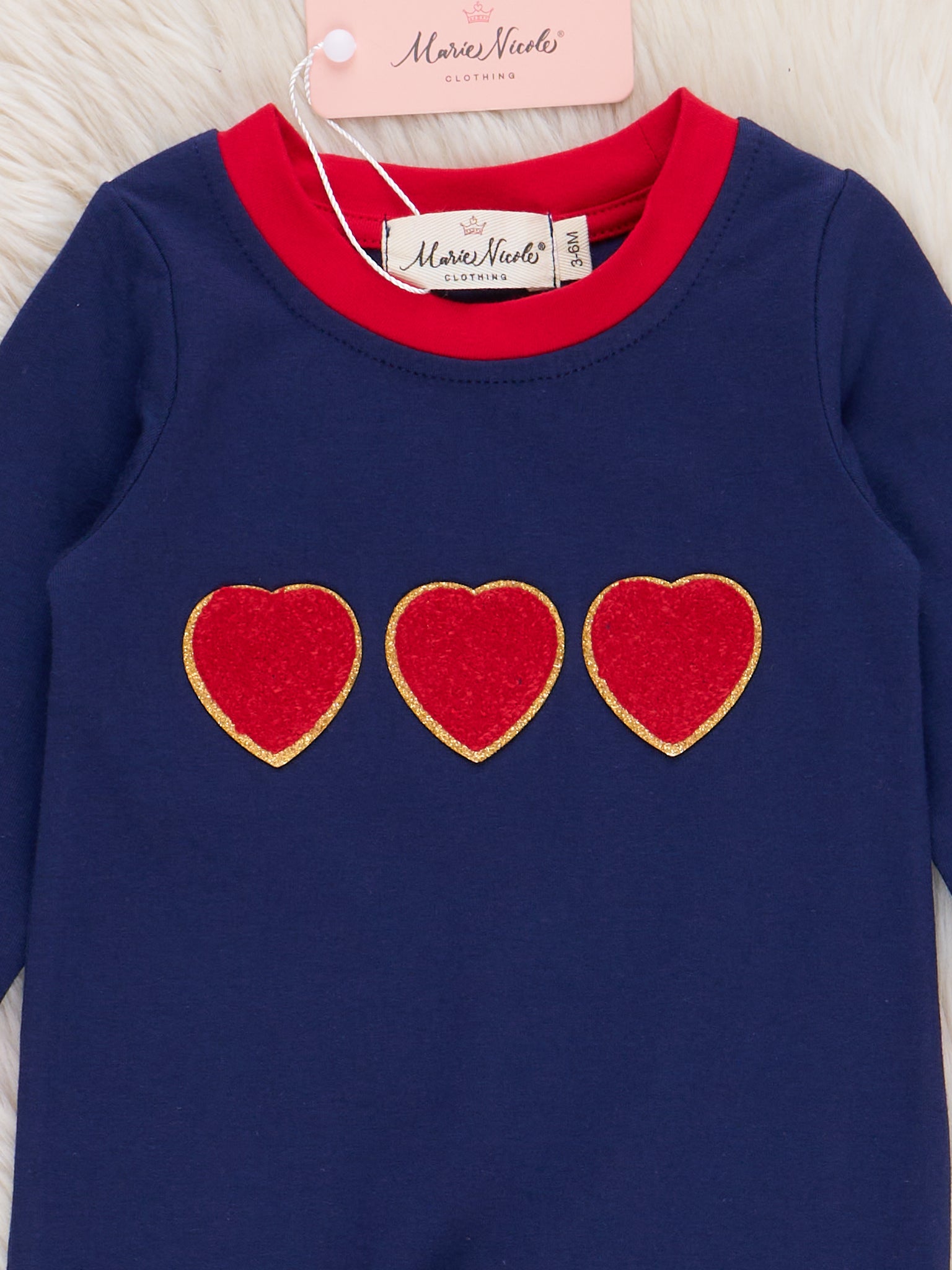 Navy & Red Chenille Hearts Romper - Marie Nicole Clothing