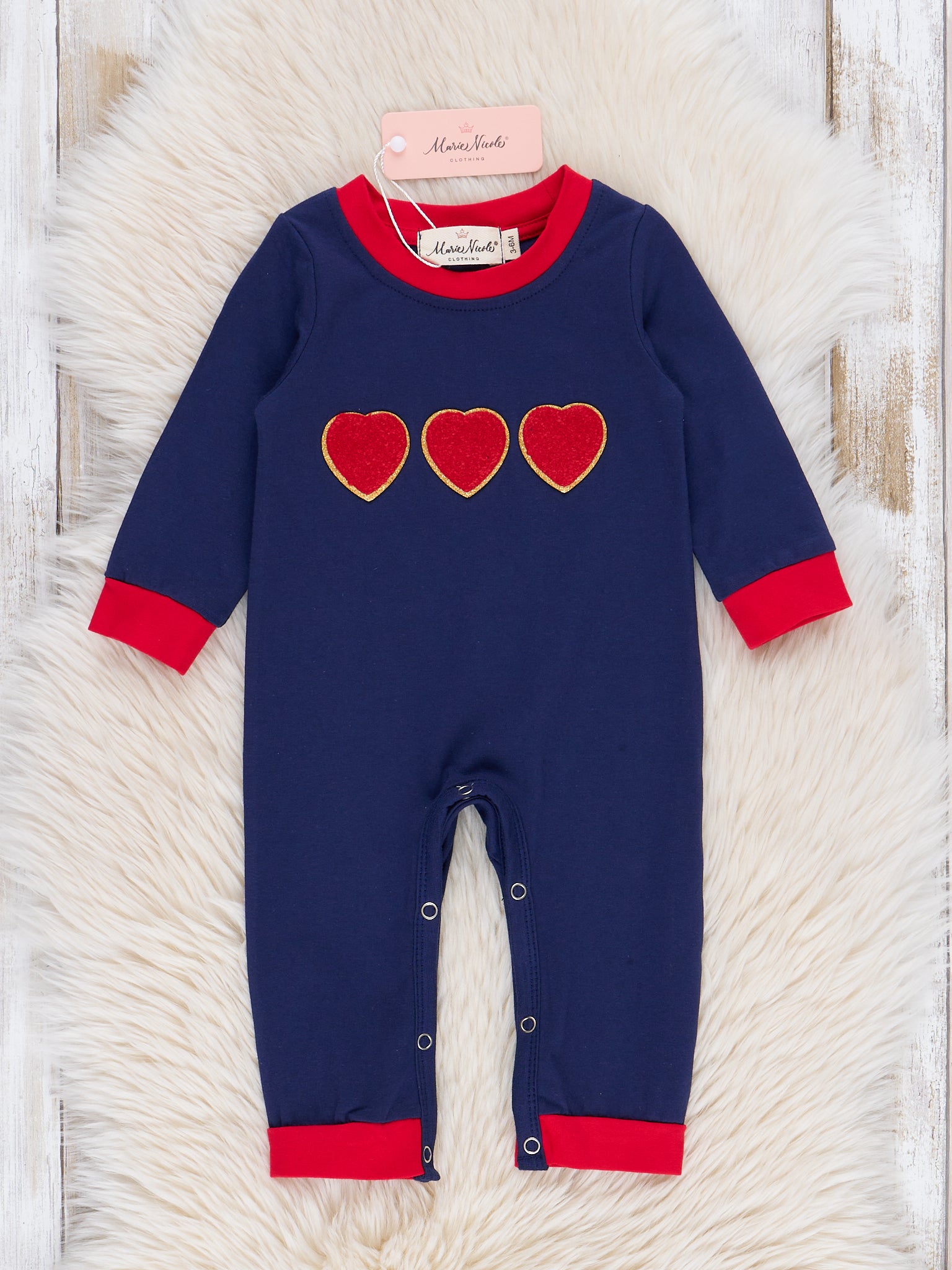 Navy & Red Chenille Hearts Romper - Marie Nicole Clothing
