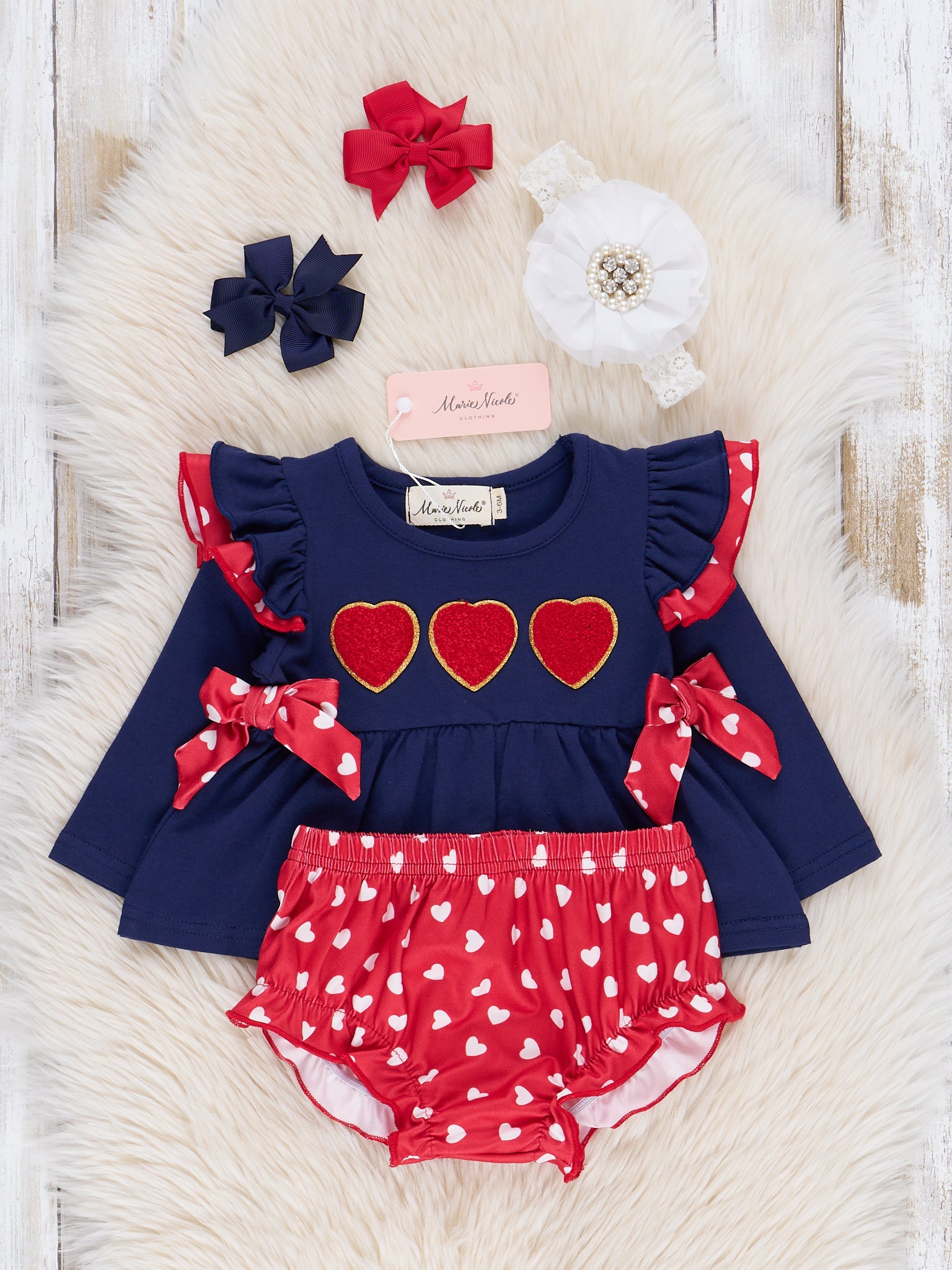 Navy & Red Chenille Hearts Bloomers Outfit - Marie Nicole Clothing