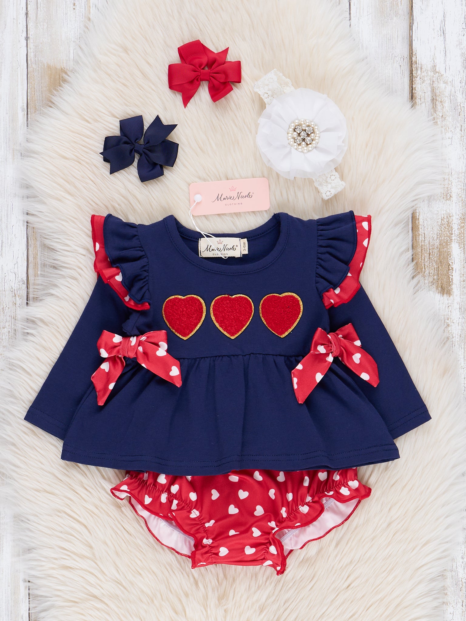 Navy & Red Chenille Hearts Bloomers Outfit - Marie Nicole Clothing