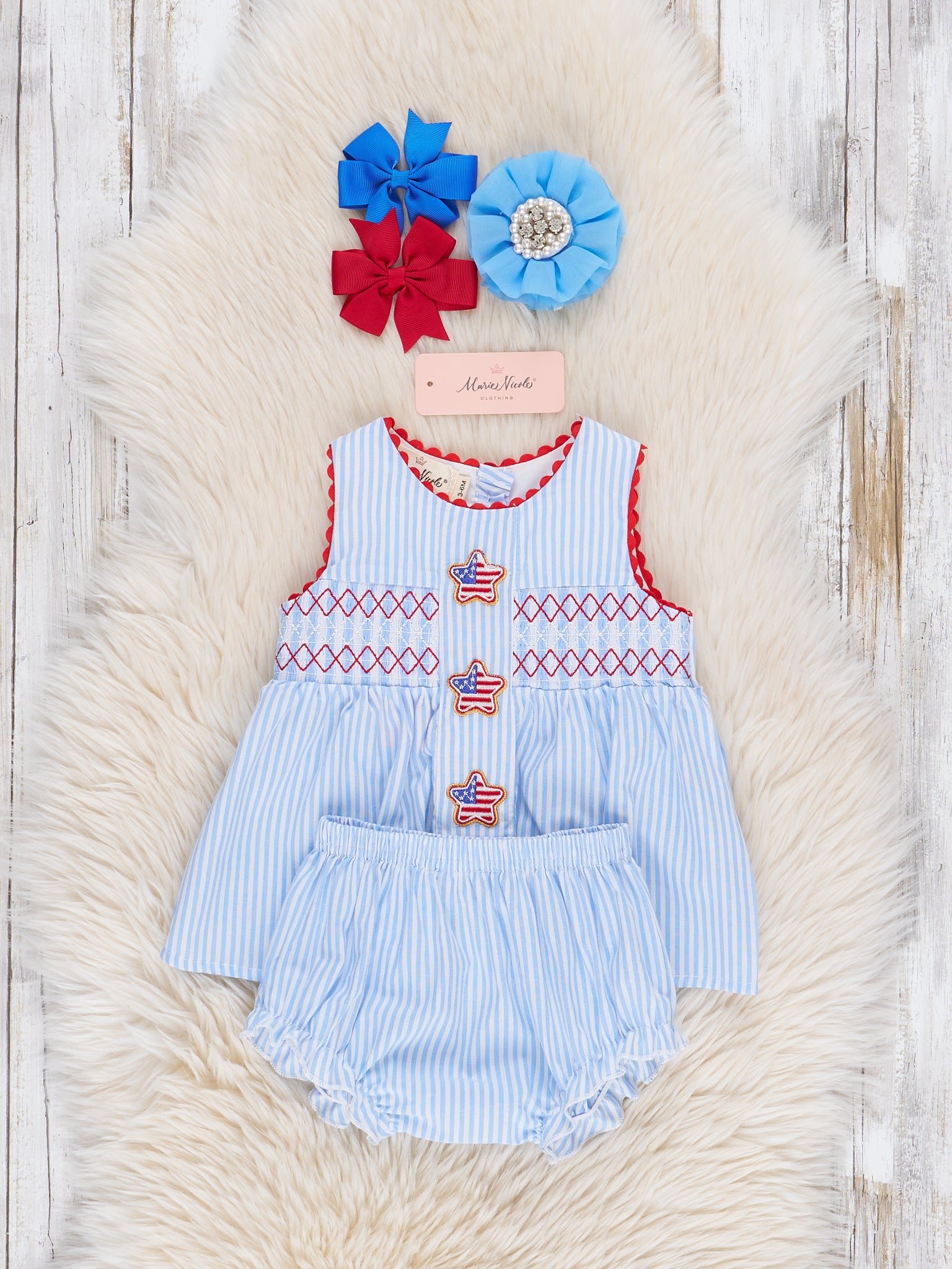 Freedom Stars Smocked Bubble Romper - Marie Nicole Clothing